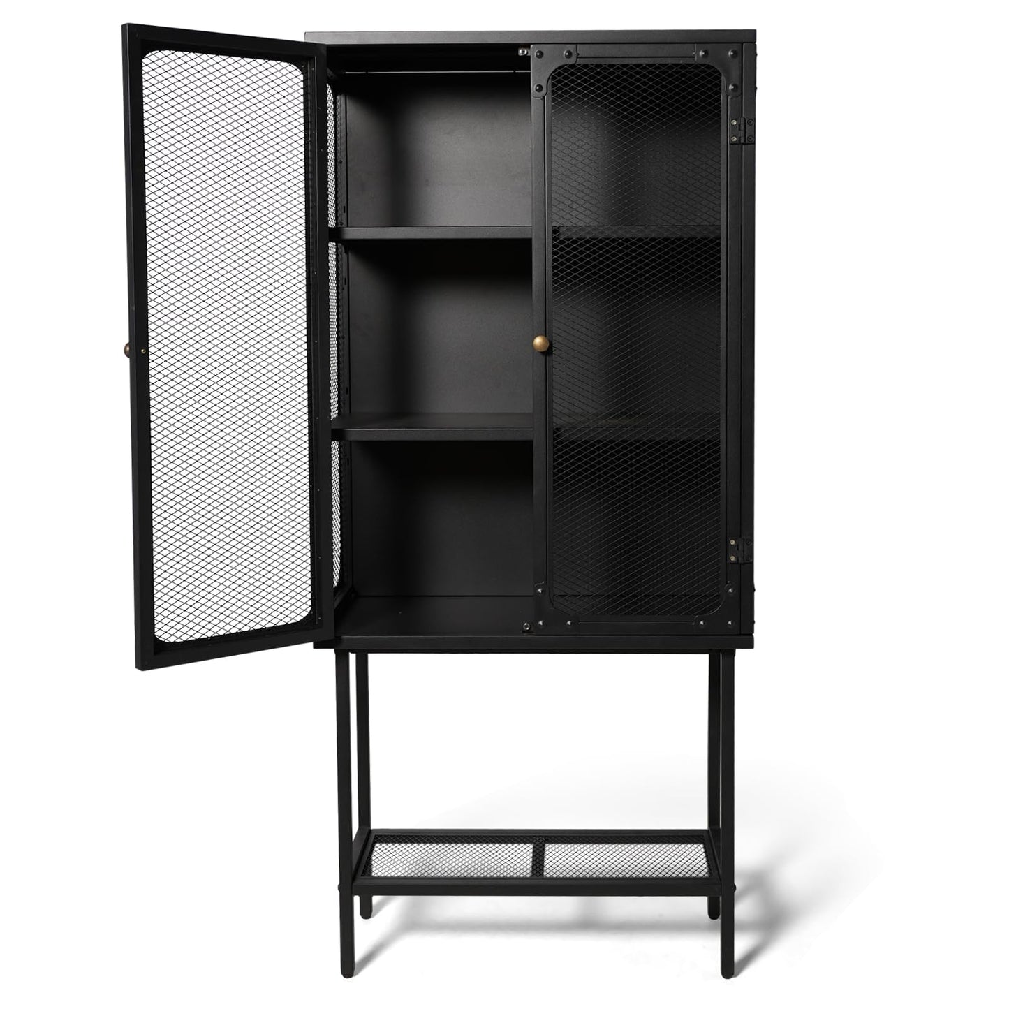 LOKKHAN Industrial Metal Display Cabinet, Black Mesh Door Storage Unit with Retro Handles, 59.1 x 27 x 12.6 Inch Tall Standing Shelving, Magnetic Holders, Adjustable Feet