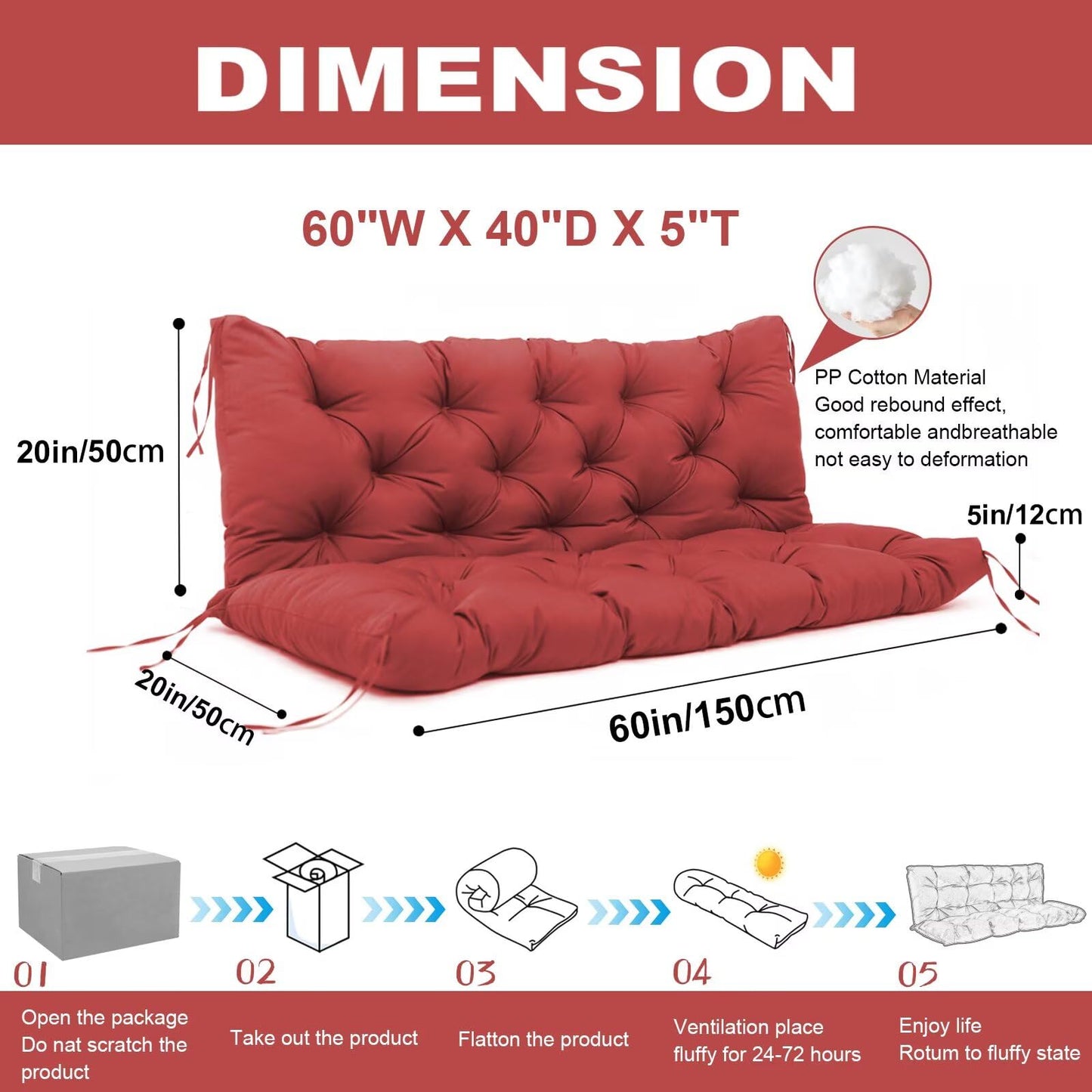 Porch Swing Cushions 2-3 Seater Replacement Thicken 5" Waterproof Swing Cushions for Outdoor Furniture Bench Patio Swing Cushion with Backrest & Ties(Wine Red 60x40x5inch)