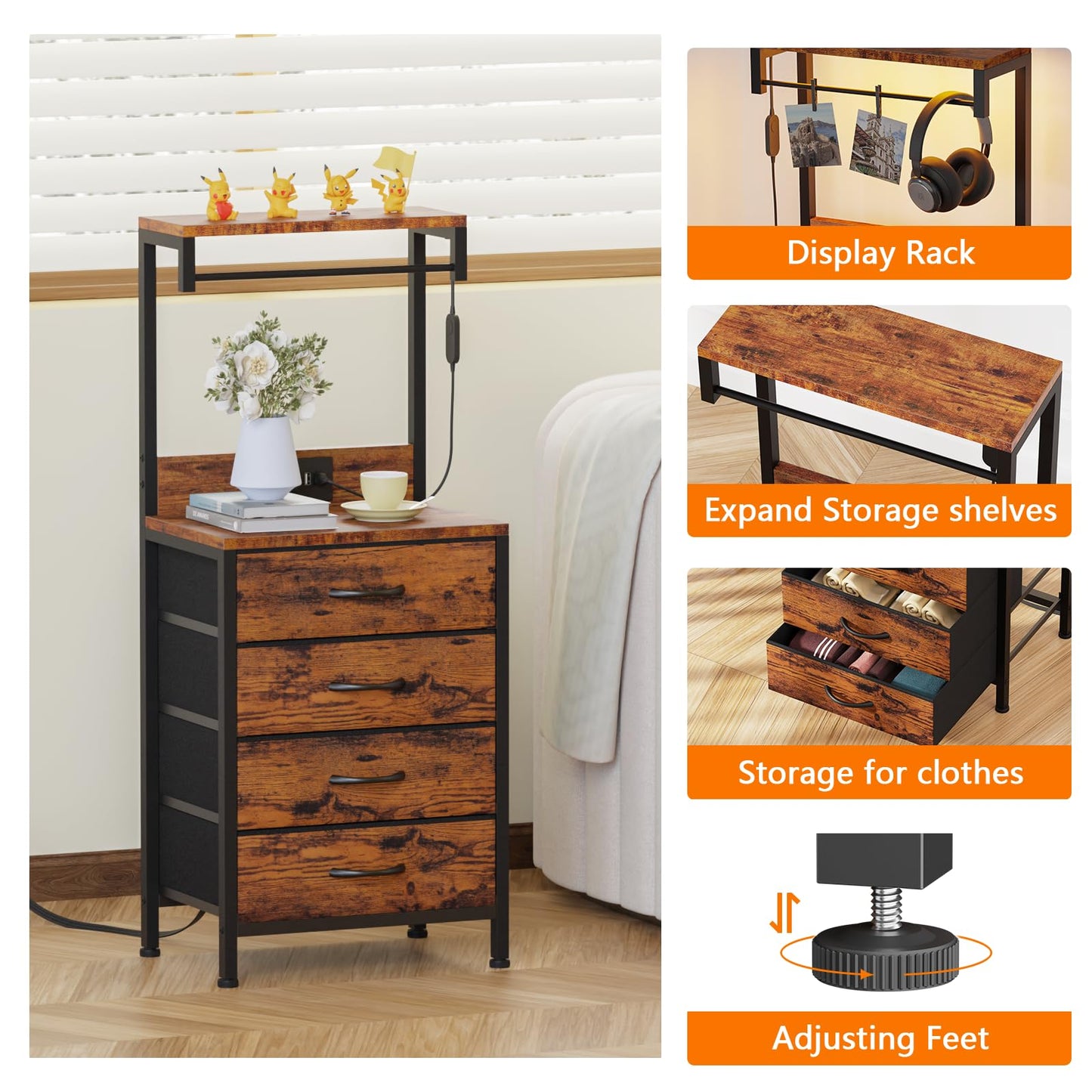 Furnulem Night Stand with Charger Station, 38'' Tall Nightstand with 4 Fabric Drawers and LED Lights, Bedside Table with Storage Shelf for Bedroom, Office, Metal Frame, Wood Shelves, Rustic Brown