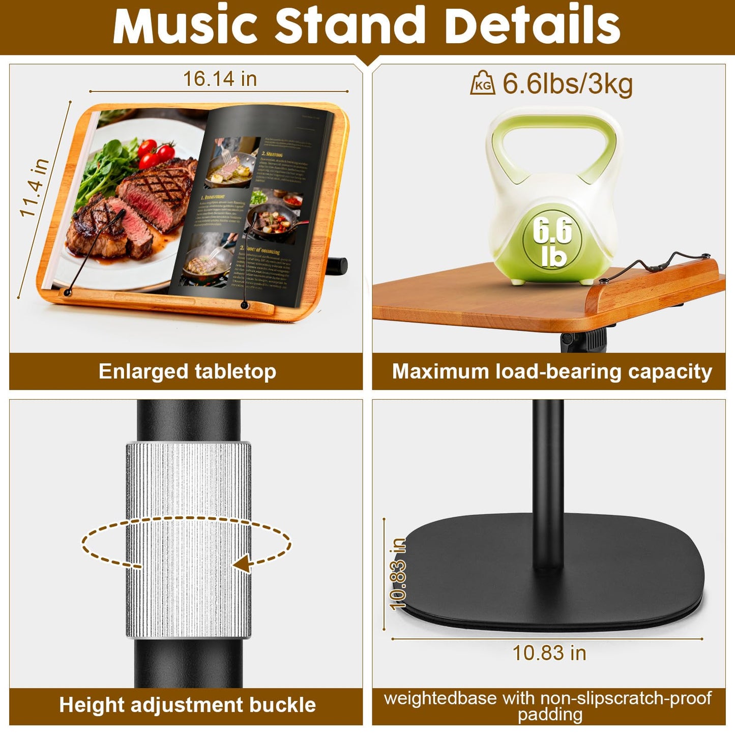 2 in 1 Dual-use Music Stand & Desktop Book Stand, Adjustable Height 16.5"-51", 100% Solid Wood Laptop Floor Stand Book Holder with Elastic Page Clips for Cookbooks (Brown)