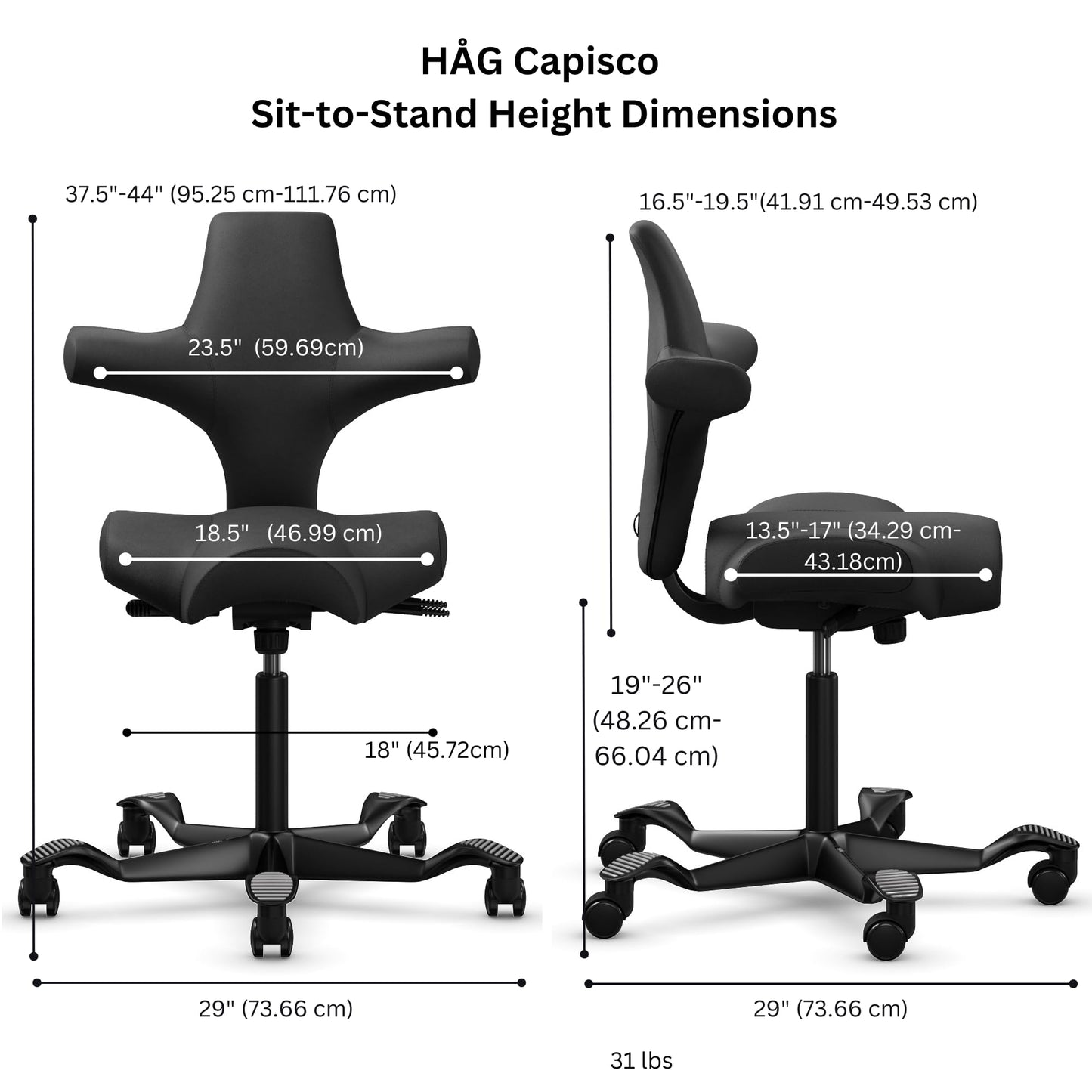 HAG Capisco Adjustable Sit to Stand Desk Chair - Black Frame - Polyester Black Seat