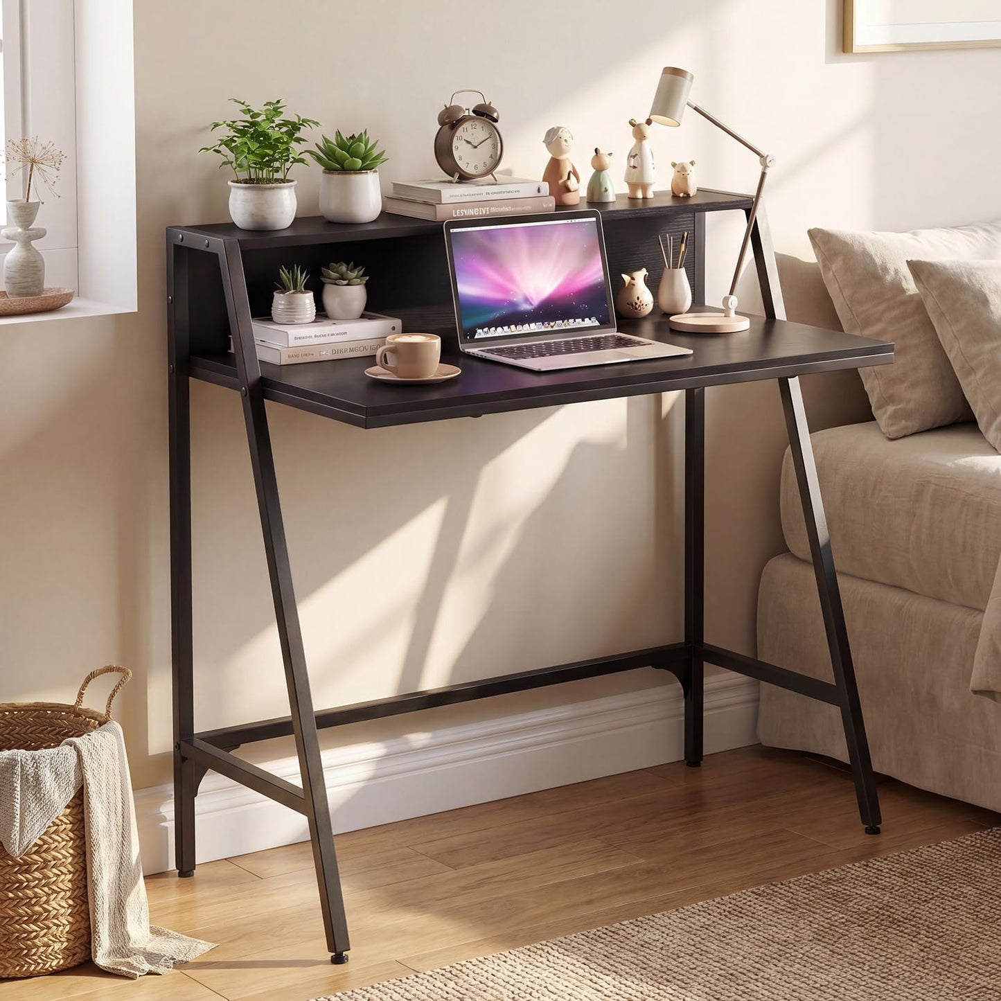 Giantex 31.5” Small Computer Desk, Industrial Writing Desk with Raised Storage Shelf & Heavy-Duty Metal Frame, Compact Study Desk Computer Workstation for Bedroom Dorm (Black)