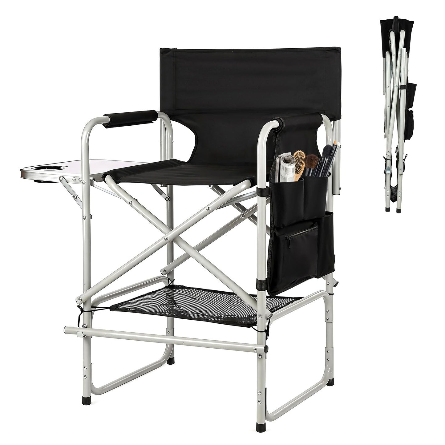 JXUFDHO Makeup Chair for Makeup Artist 41'',Tall Directors Chairs Foldable with Side Table Cup Holder Storage Bag and Footrest, Folding Chair Makeup Chair for Clients 400lbs Capacity