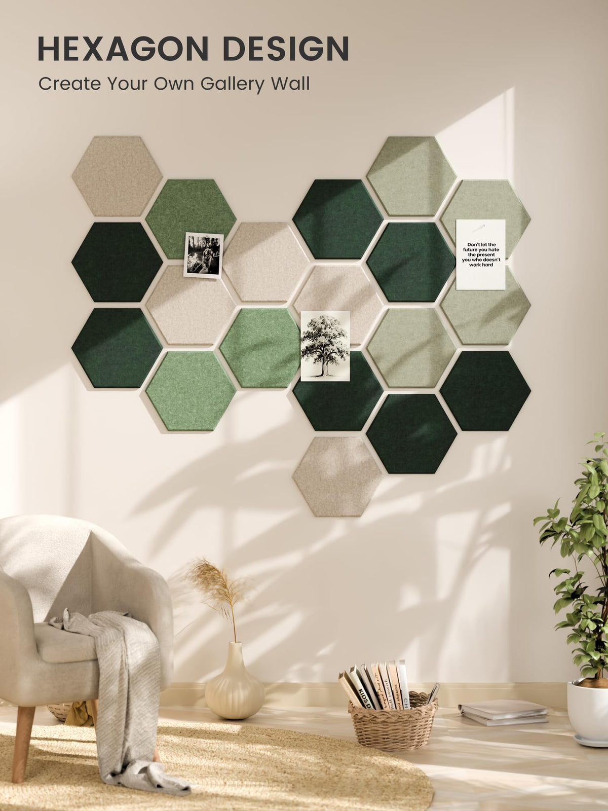 Fluxynara Hexagon Cork Board Alternative for Walls Decor-10-Pack Felt Bulletin Board Tiles,with 30 Pushpins,50 Adhesive Tabs for Office,Classrooms & Home Pin Board Felt Board-Sagewood