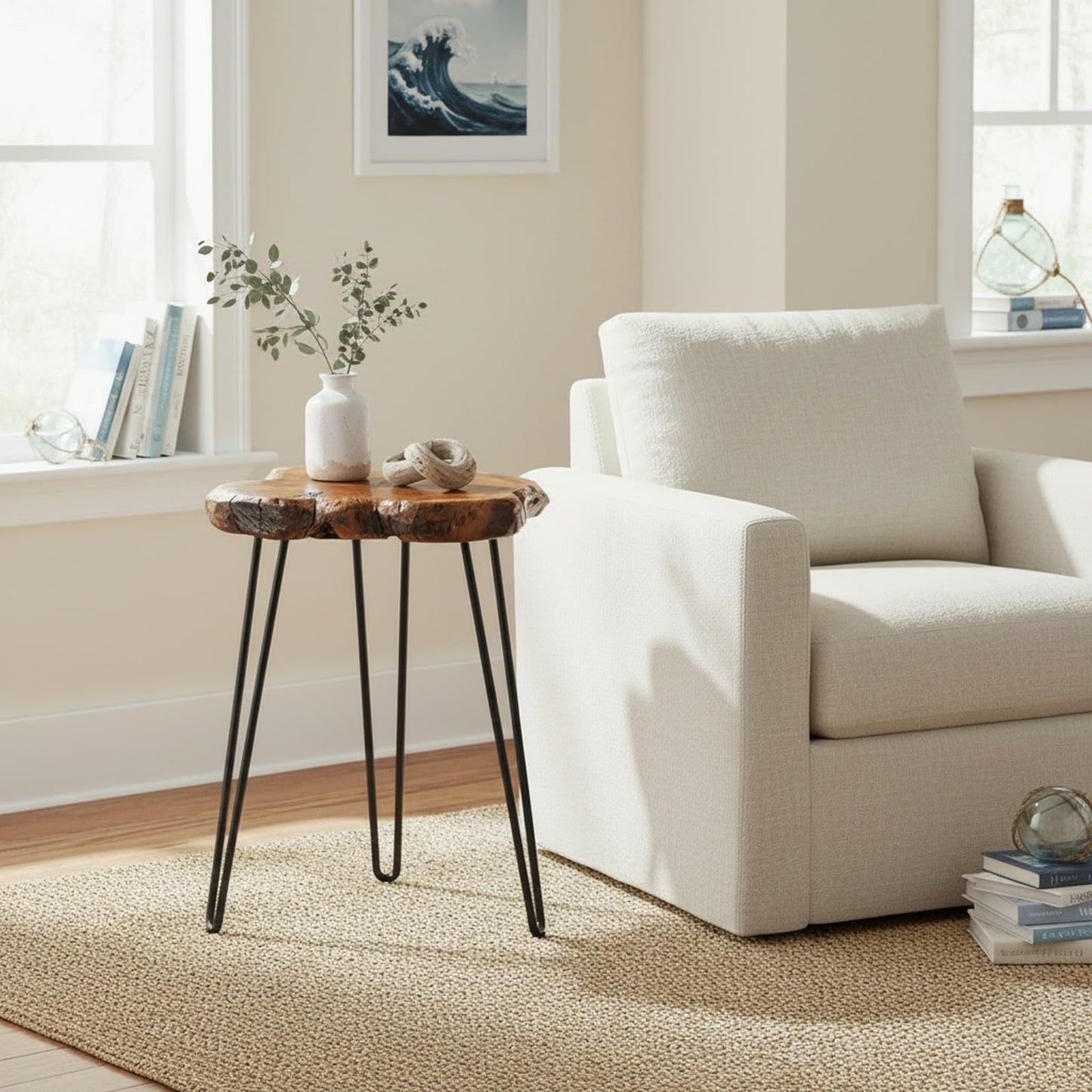 WELLAND Rustic Date Tree End Table Live Edge Side Table 18" W x 15" D x 21" H Accent Table Plant Stand for Living Room Bedroom Home Office Patio (Unique Date Plus)