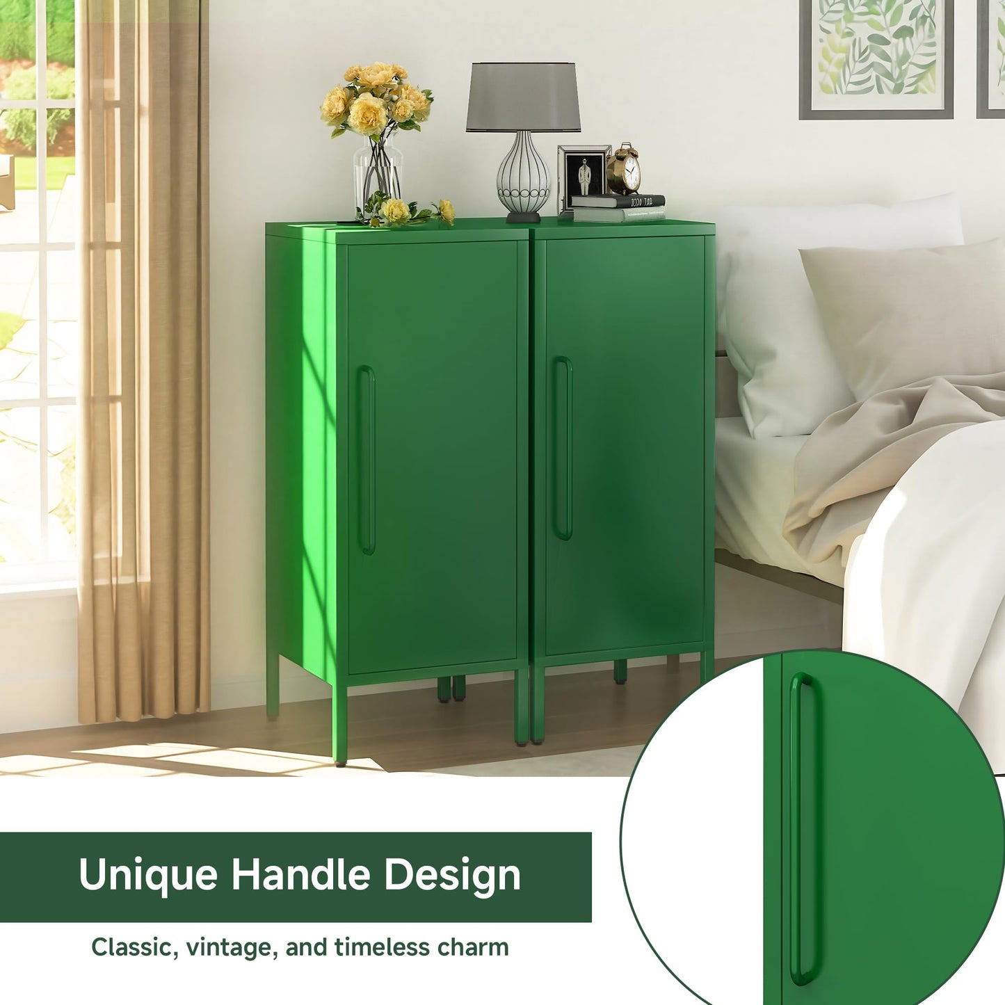 PEROKIER Metal Storage Cabinet 39.5” Decorative Storage Cabinet with Door & 2 Adjustable Shelves for Home Office Garage Kitchen (Green)