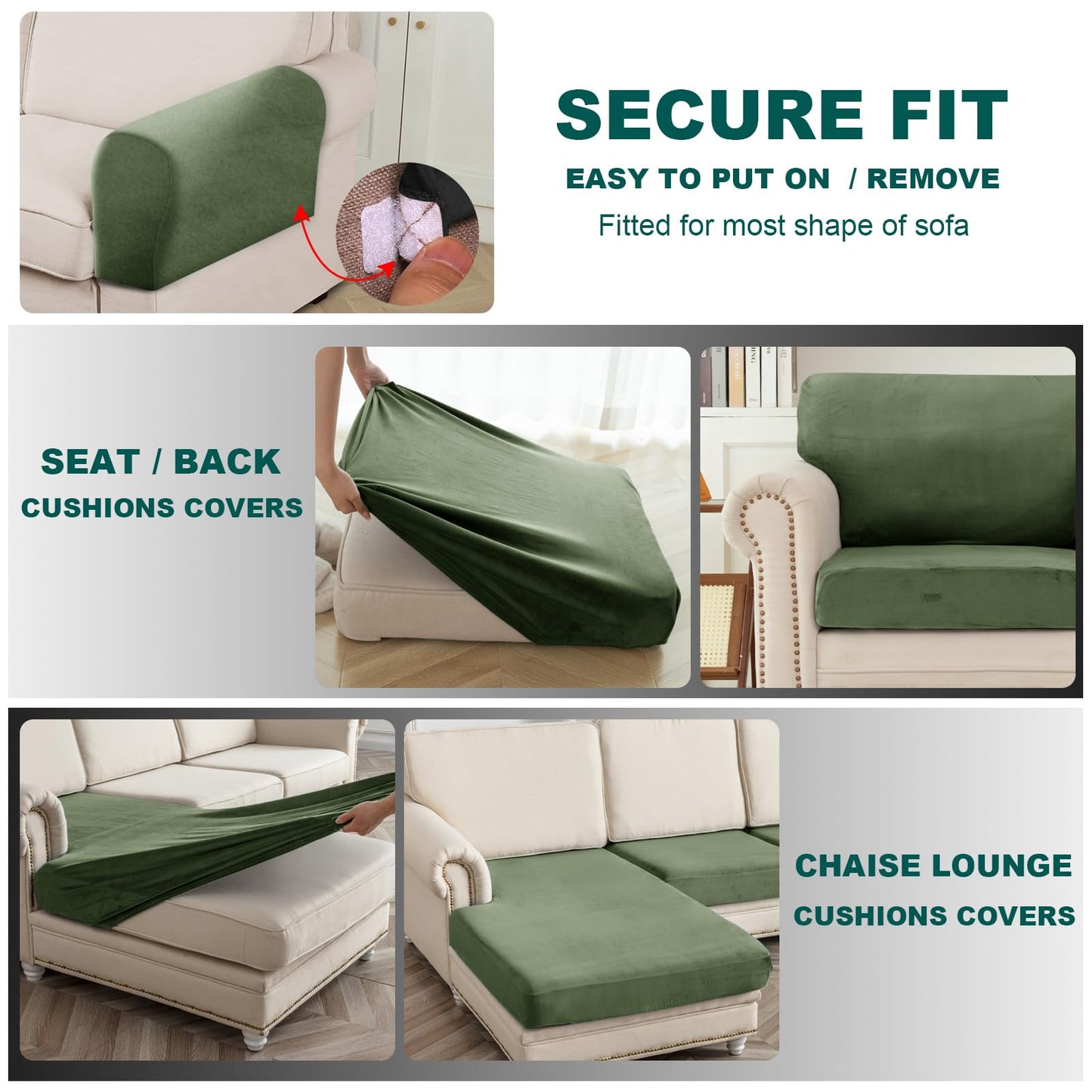 10 Pieces Sofa Cushion Covers for U-Shaped Modular Sectional Couch with 4 Seat+4 Back+2 Arms, Stretch Velvet Upholstered Covers for Sofa Bed with Deep Double Chaise (Avocado,Universal (10 Pieces))