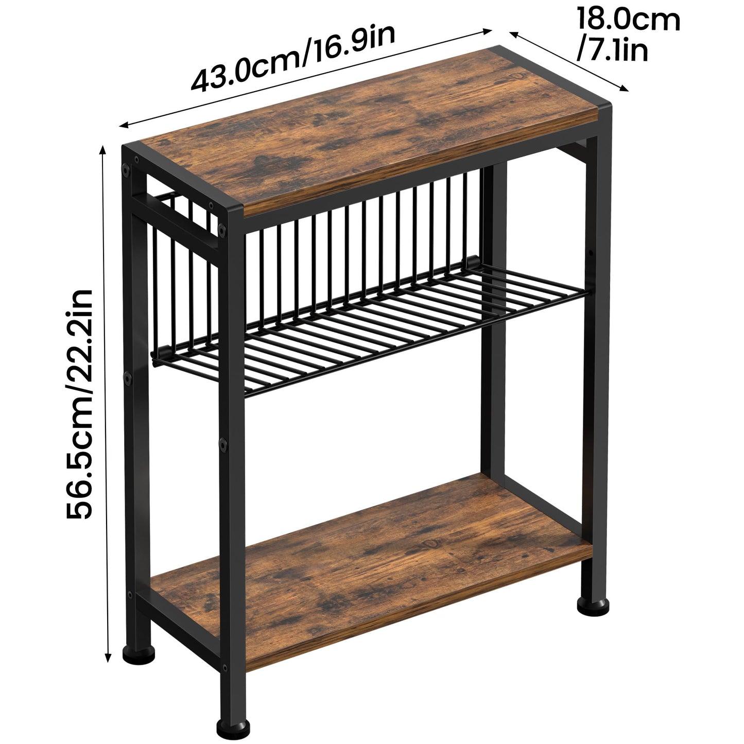 Lifenite Side Table for Small Spaces, Narrow End Table with Magazine Holder, 2 in 1 Design Slim Side Table, Skinny Nightstand for Living Room Bedroom, Thin Side Magazine Table, Rustic Brown