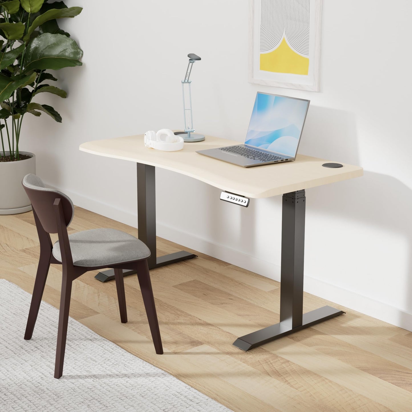 Vari Ergo 54x26 Electric Standing Desk – Height Adjustable Sit Stand VariDesk + Curved Waterfall Edge, 4 Memory Settings, Quick Assembly, Cable Management, 200 lb Capacity – Light Wood (2 Boxes)