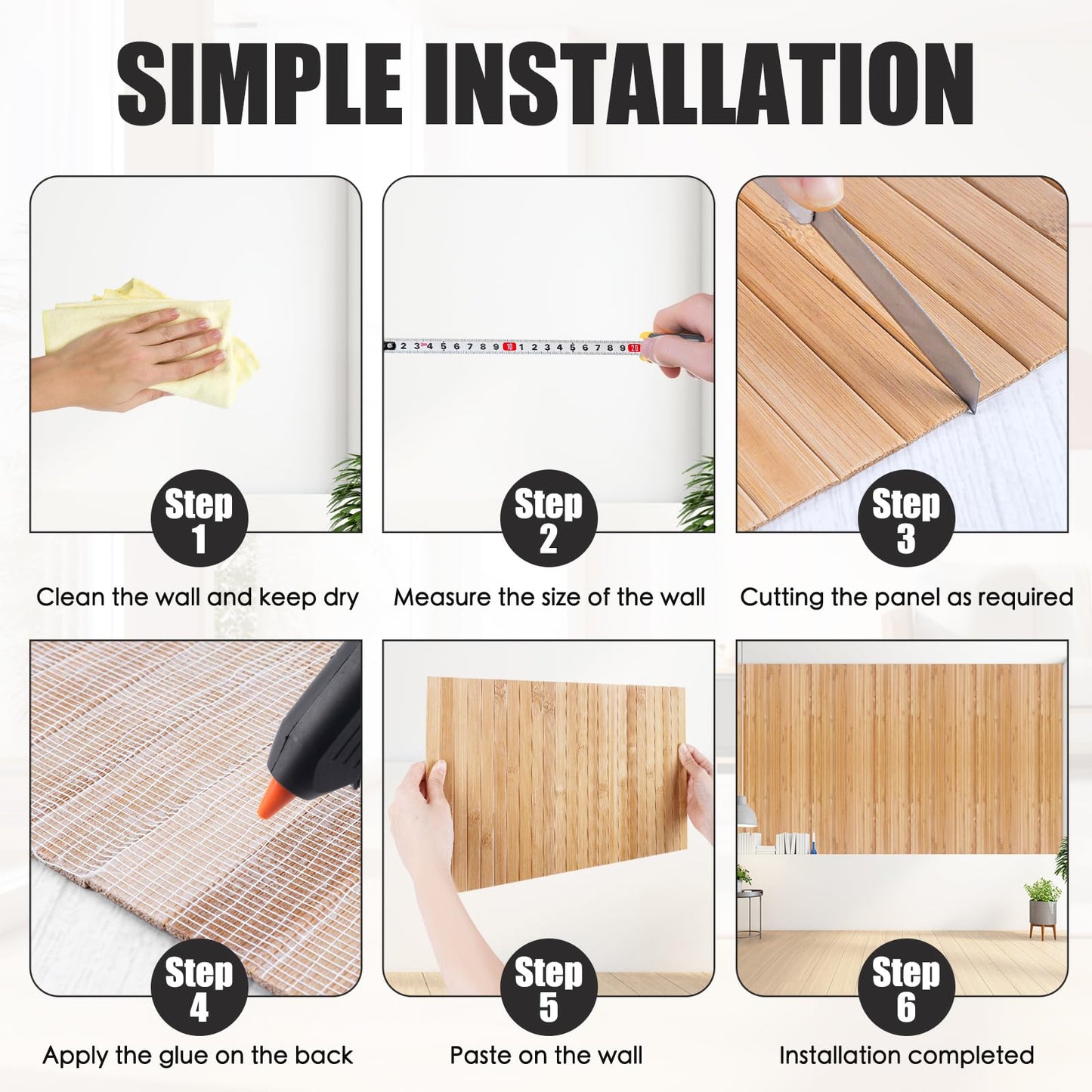 FONUNO Bamboo Wall Panel for Interior Decoration Bamboo Pole Wrap Roll Natural Wainscoting Paneling Decorative Wall Slat Covering for Living Room, Bedroom, Office (16 Inch x 96 Inch, Carbonized)