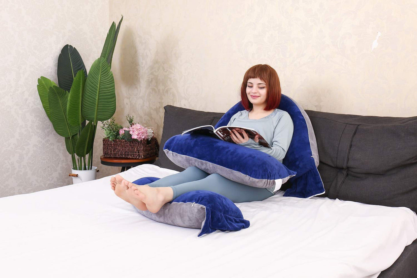 MOON PINE 60 Inch Pregnancy Pillow, Detachable U Shaped Full Body Pillow, Nursing and Maternity Pillow for Back, Hips, Legs and Belly Support for Pregnant Women with Removable Cover (Blue Grey)