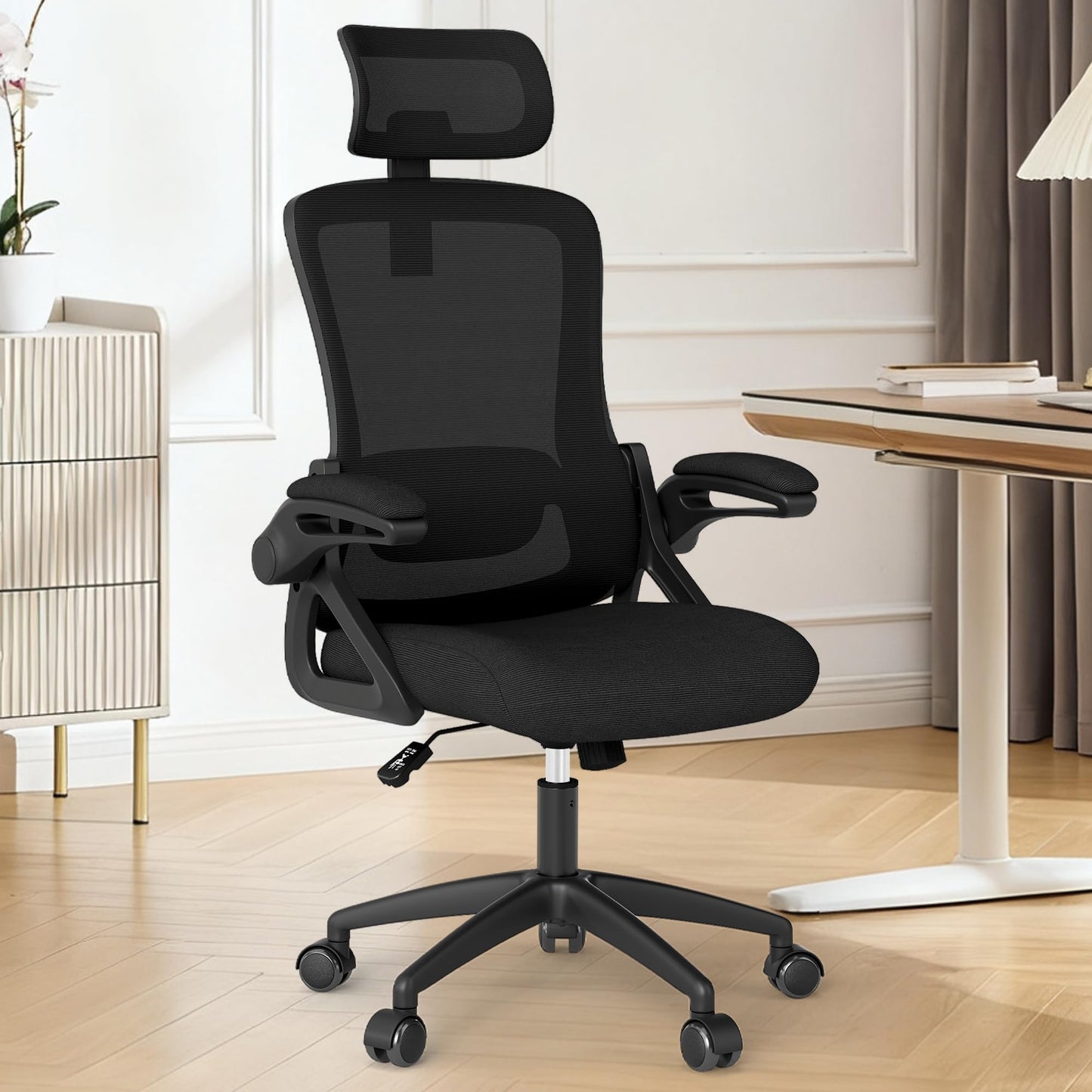 Fizzin Office Chair, Ergonomic Office Chair with High Back Mesh and Adjustable Lumbar Support, Home Mesh Office Desk Chairs with Wheels, Comfortable Gaming Chair for Long Hours (Deep Black)