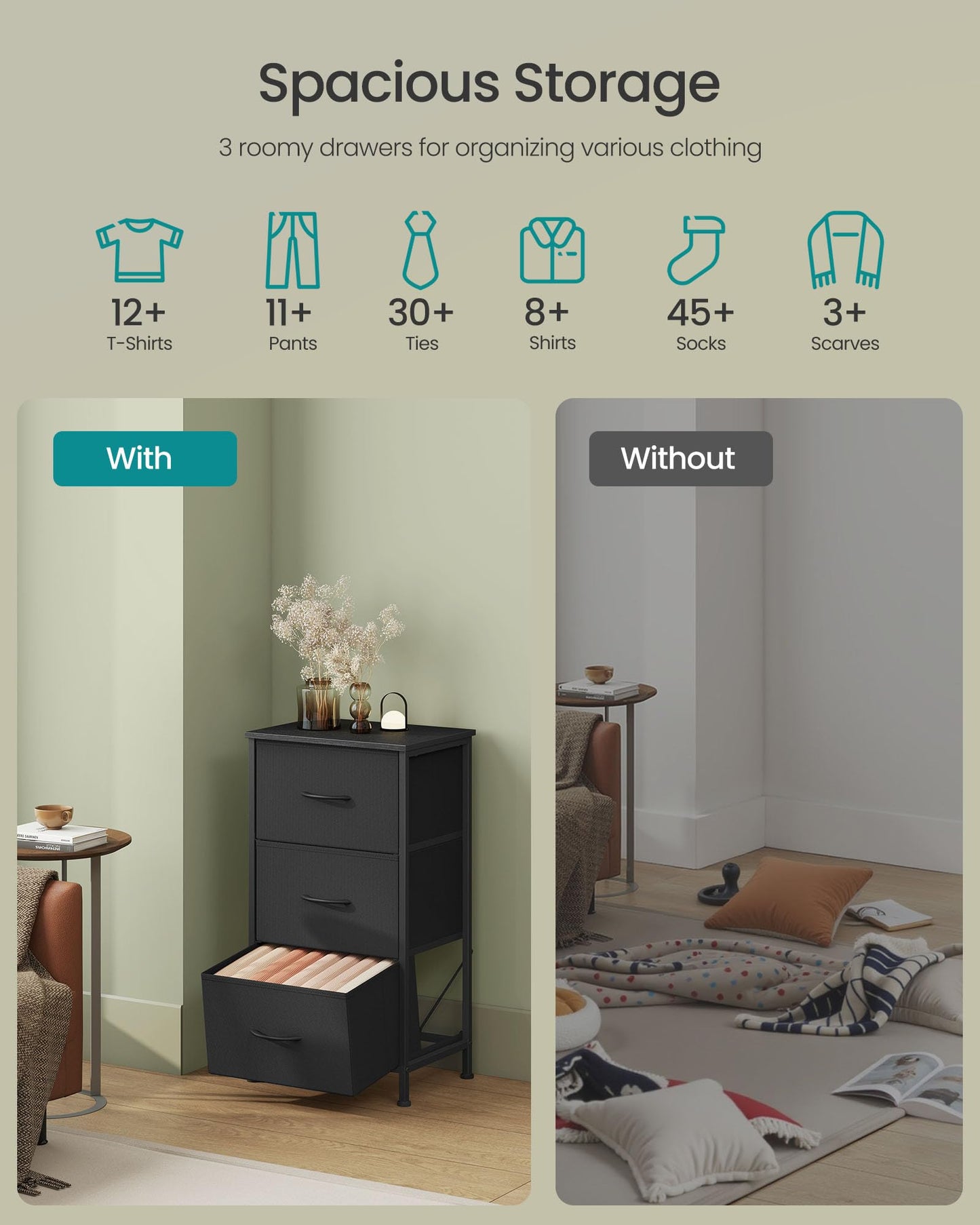 SONGMICS Dresser for Bedroom, Chest of Drawers, Steel, MDF, 3 Non-Woven Fabric Drawers, Storage Organizer Unit, Closet, Entryway, Ink Black and Ebony Black ULGS313B01S