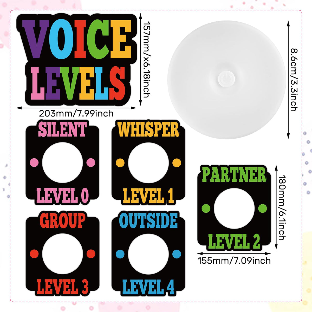 Honoson Voice Level Chart for Classroom with 5 Pack Magnetic Puck Lights Noise Level Chart Teacher Educational Management Supplies for Elementary School Preschool Music Class(Bright,Active)