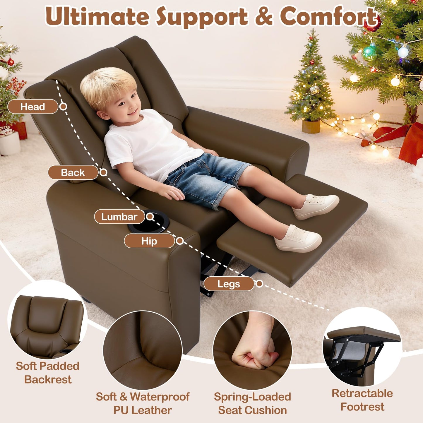 Costzon Kids Recliner Chair with Cup Holder, Toddler Adjustable Lounge Chair w/Footrest for Boys Girls Room, Ergonomic Baby Child Furniture Sofa for Age 3+ Gifts, Kids Mini Recliner up to 150 lbs