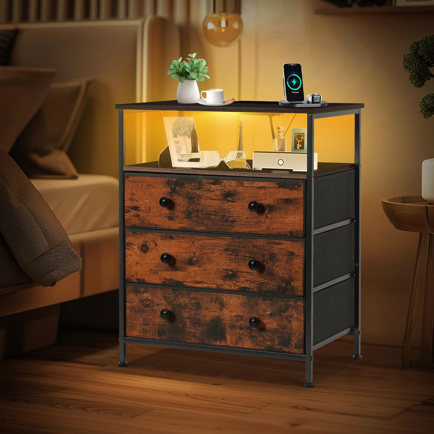 PATAVOT 3 Drawers Dresser with Charging Station, 24 Inch Wide LED Night Stand with Adjustable Fabric Drawer, Nightstand with Storage Shelf for Living Room/Bedroom/Office, Rustic Brown.