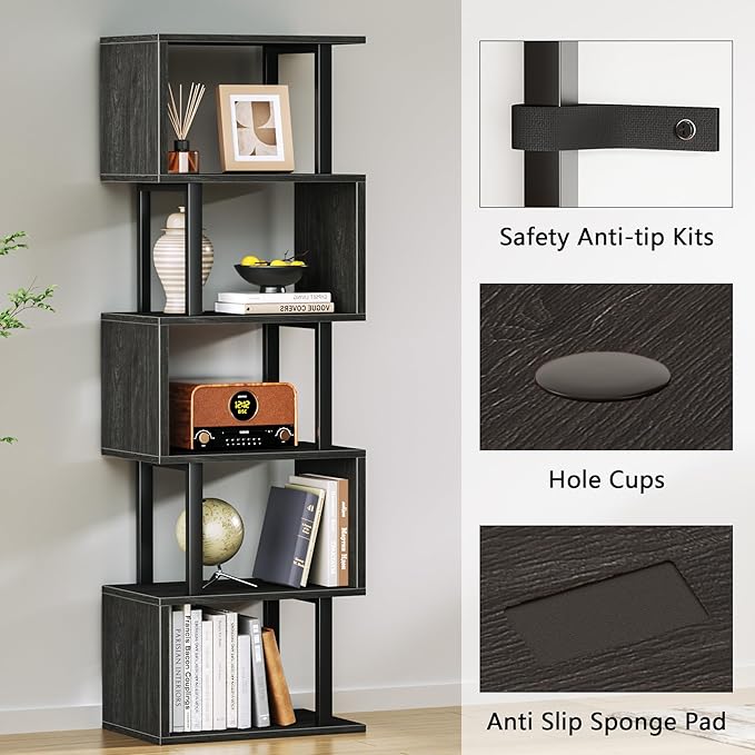 Furologee 6 Tier Bookshelf Tall Geometric Bookcase, S Shaped Industrial Display