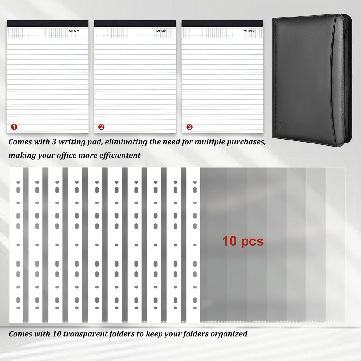 Leathario Portfolio Binder, Includes 10 Sheet Protectors and 3 Notepads, 3-Ring Folder Organizer, A4 Padfolio with Zipper, Vegan Leather Tablet Sleeve, Business Office Conference Clipboards