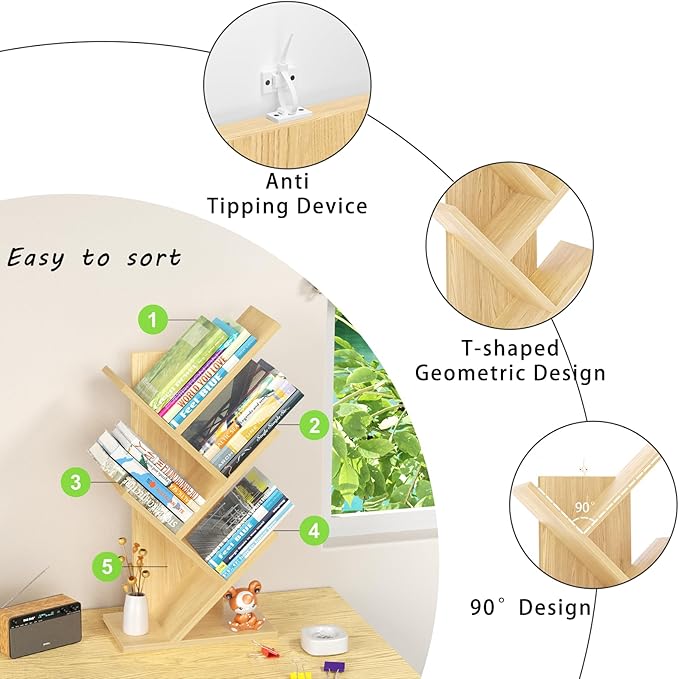 SHEEPAM 5 Tier Tree Book Shelf, Small Desktop Bookshelf