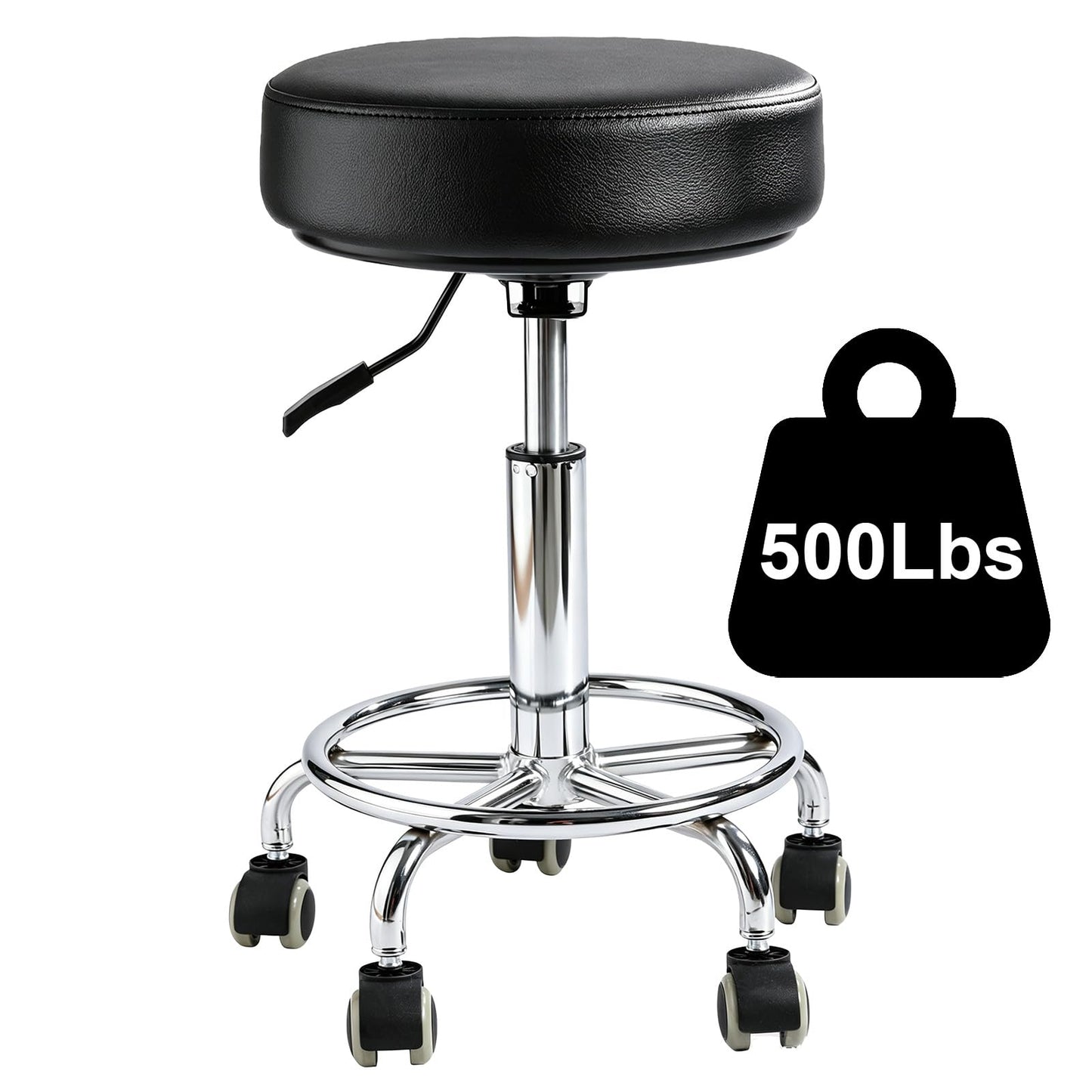 Rolling Stool with Wheels, Comfort Cushion Professional Swivel Drafting Stool, Height Adjustable Heavy Duty 500 lb Stool with Silent Casters and Foot Ring for Salon Tattoo Clinic Home Office, Black