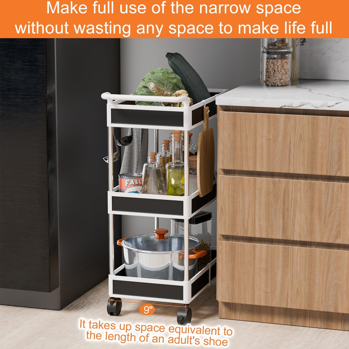 NUNET Under Sink Organizer w. Locking Casters & Handle 2/3/4 Tier Adjustable Small Rolling Cart Cabinet Storage Large Capacity Moving Cart w. Wheels for Kitchen, Bathroom, Countertop (2 Pack 2 Tier)