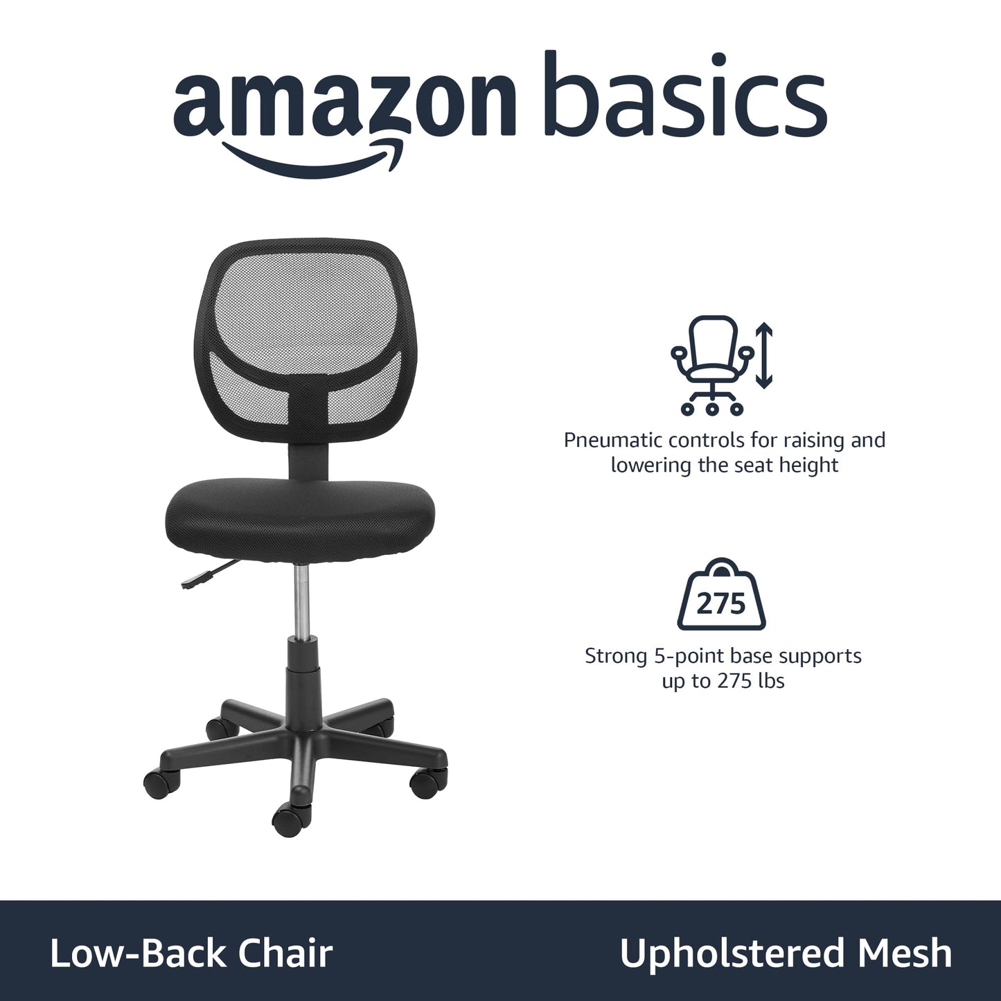 Amazon Basics Low Back Office Chair, Breathable Mesh, Height Adjustable, Padded Seat, Rolling Wheels, Swivel, Back Support, Sturdy, 21.25" D x 22.5" W x 38" H, Black