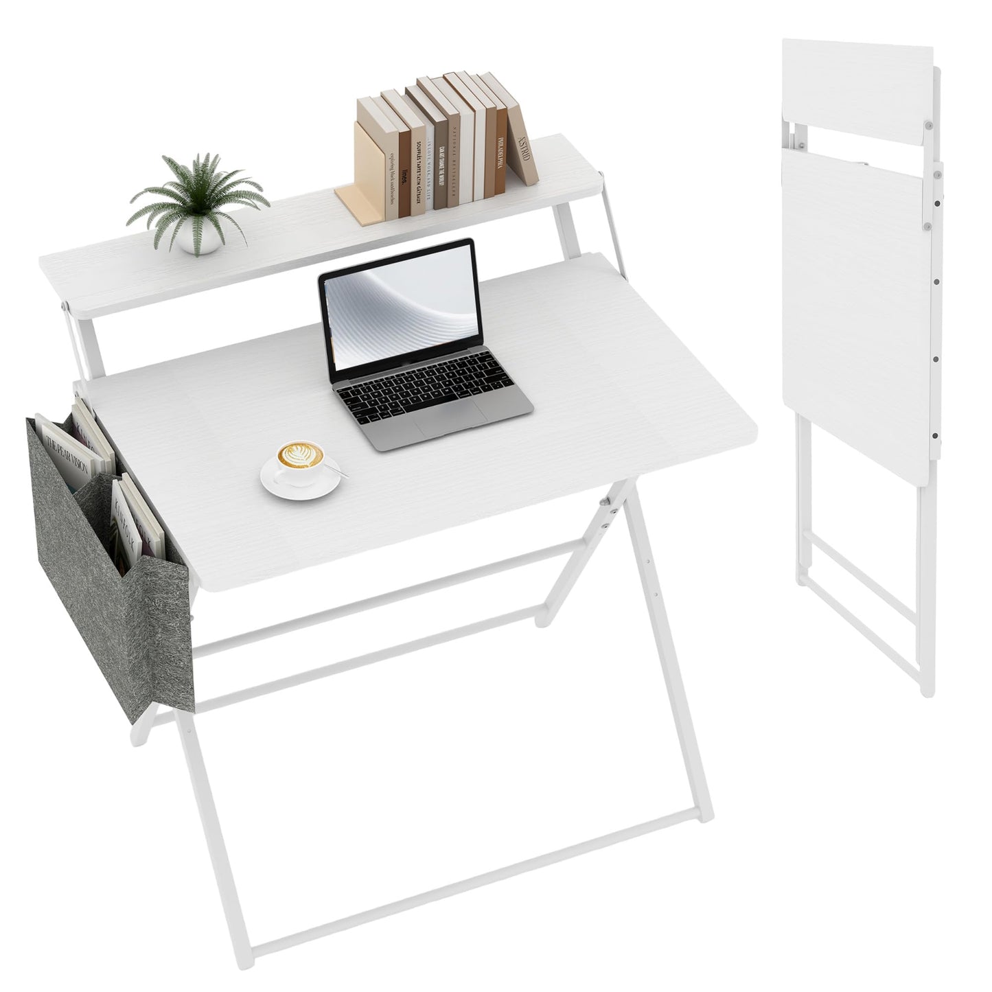 Small Desk No Assembly,31.5Inch 2-Tier Compact Computer Desk with Shelf & Side Pocket,Space Saving Foldable Table for Home Office, Bedroom or Apartment,Portable Collapsible Sturdy Laptop Desk,White