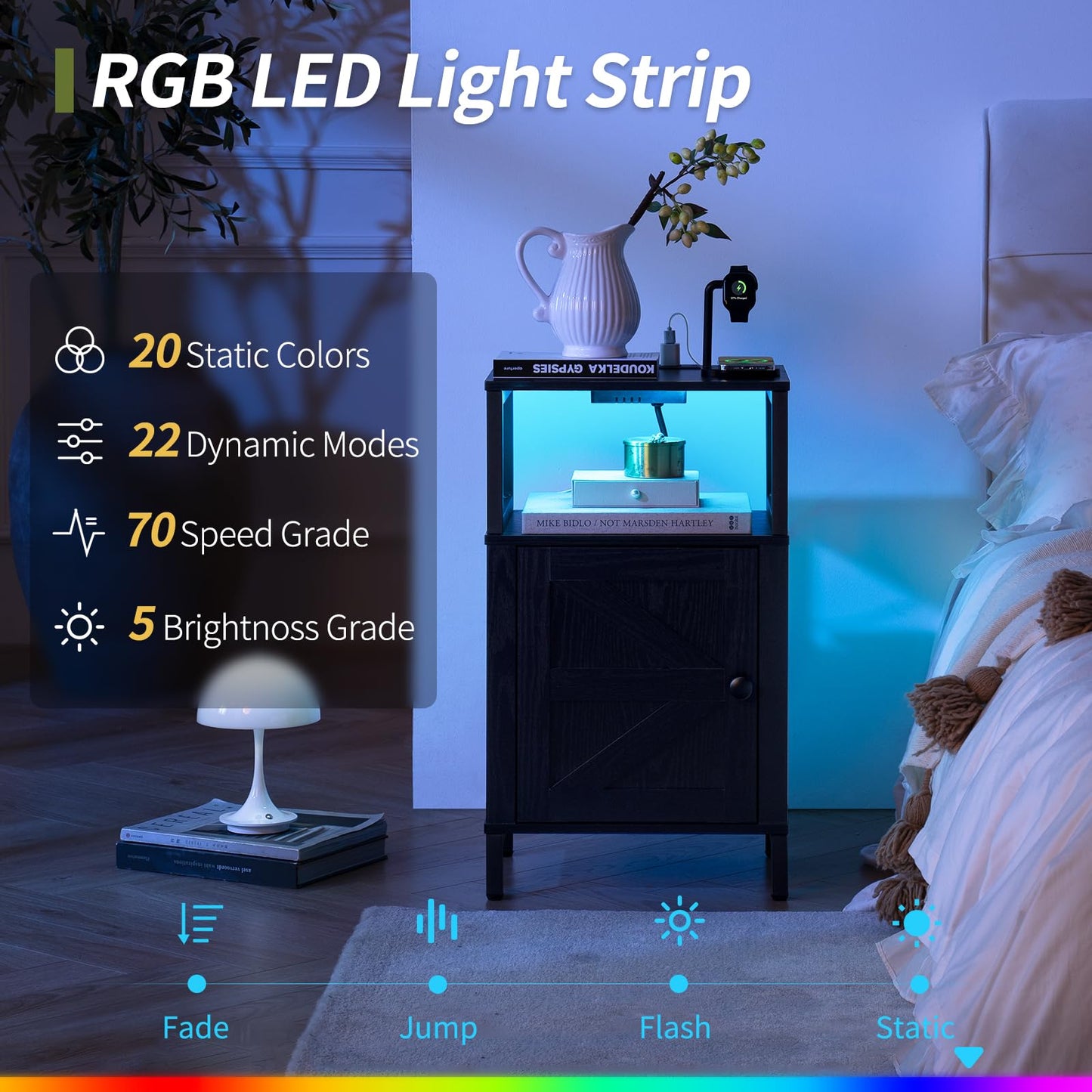 Yoobure Farmhouse NightStand with Charging Station，Wood Night Stand End with USB Ports, LED Bed Side Table with Storage Cabinet，Bedside Table for Bedroom, Living Room Black