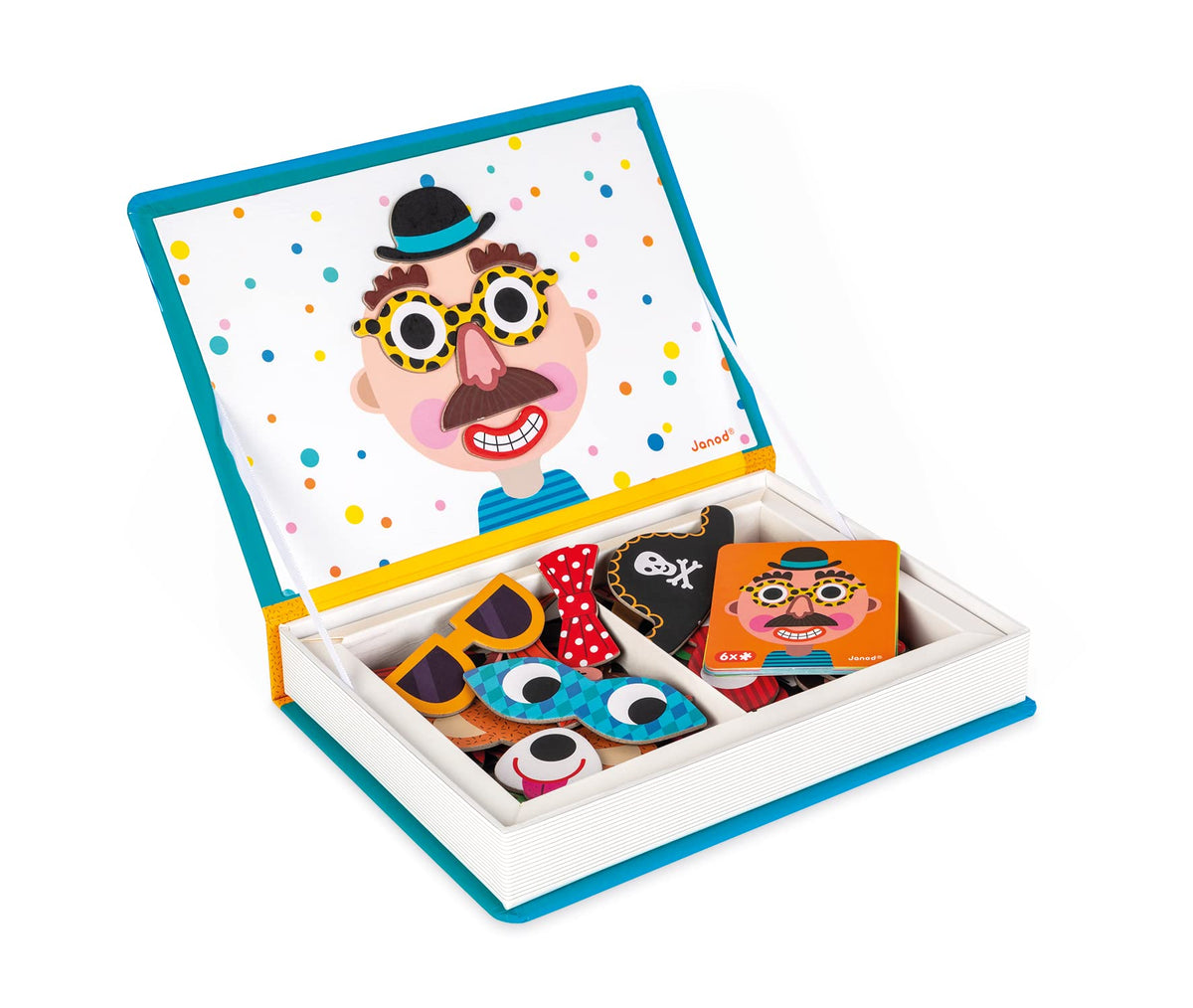 Janod - Magnetibook 83 Pc Magnetic Boy Crazy Face Dress Up Game - Decorating Fridge with Magnetic Letters - Enhances Creativity and Learning - Boosts Self-Confidence - Portable and Easy Storage