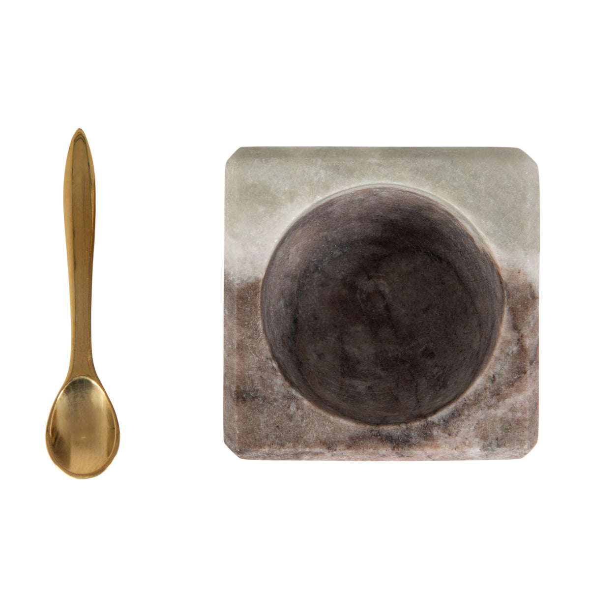 Creative Co-Op Square Marble Bowl with Stainless Steel Spoon, Brown