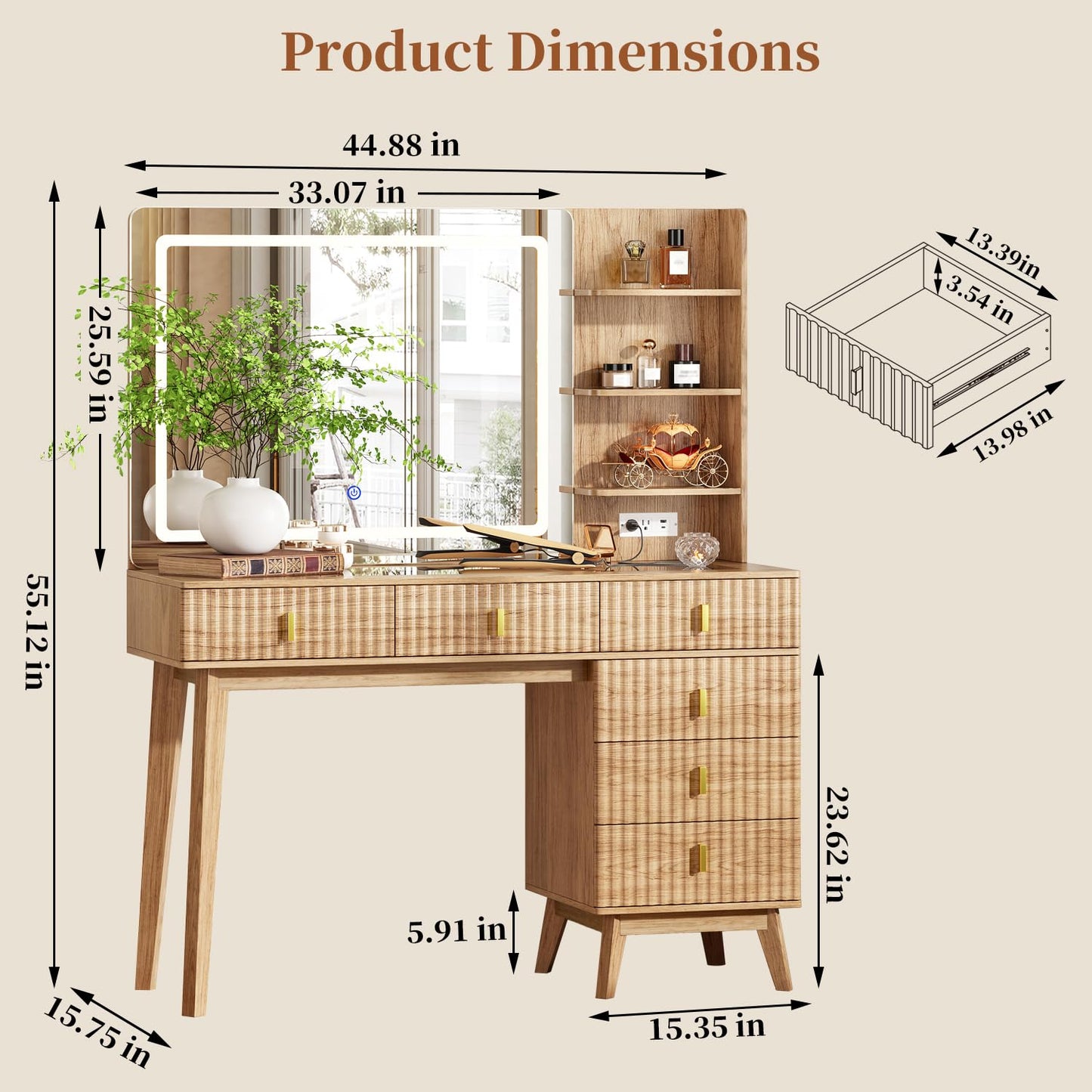 Large Makeup Vanity Desk with Mirror and Lights, Vanity Desk with 6 Drawers & Storage Shelves, Vanity Table with Power Outlet, 3 Color Modes & Adjustable Brightness Dressing Table, Bedroom,Wood