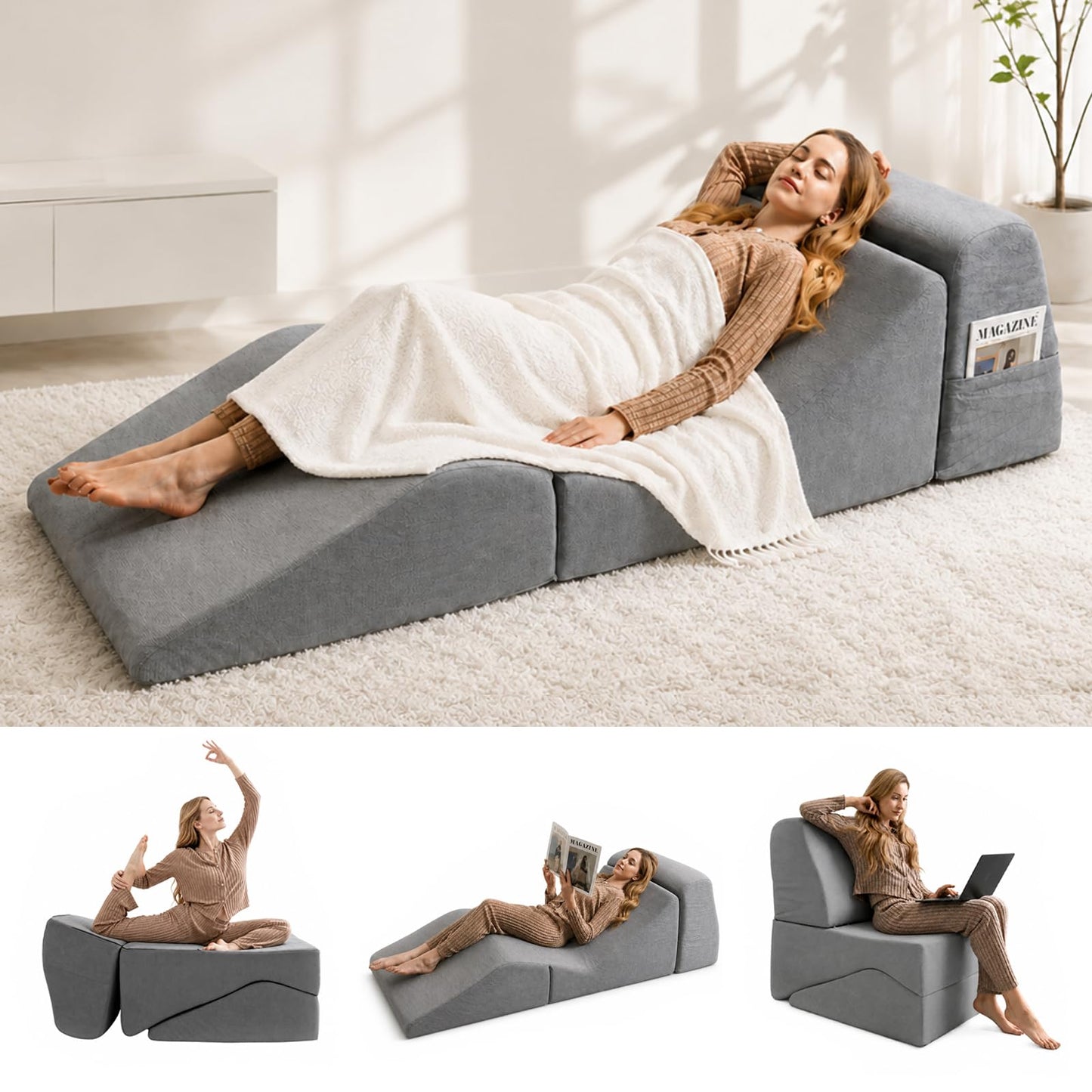 Yoga Chaise Lounge Chair Indoor for Adults, 3-in-1 Convertible Corduroy Boneless Sofa Bed, Zero Gravity Curved Design with Supportive Foam, No Assembly Required for Bedroom Living Room Reading