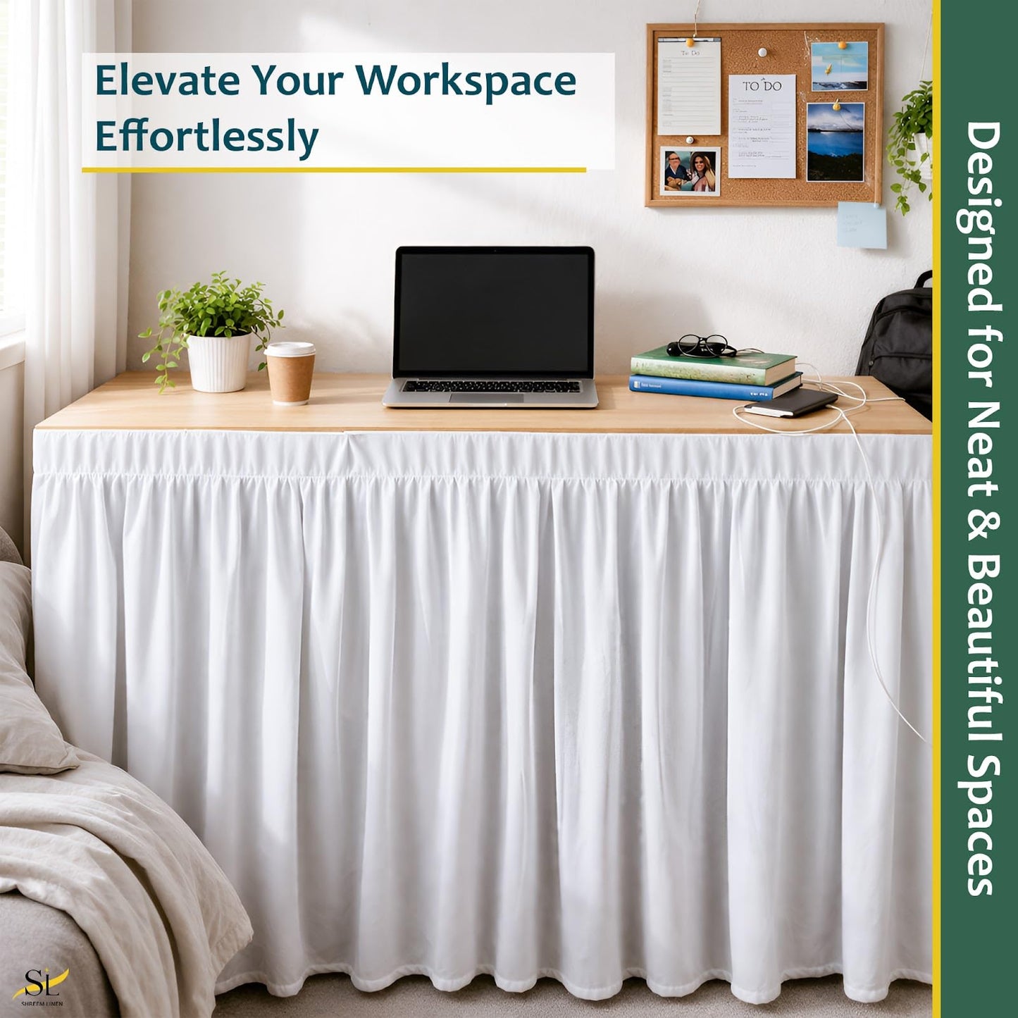 Shreem Linen Dorm Desk Skirt, Ruffled Gathered Table Cover, Custom-Fit, No Platform, Split Corners, Under Desk Storage Cover for Dorm & Home Office, White Desk Skirt (D24 x W30 Skirt H30 Inches)