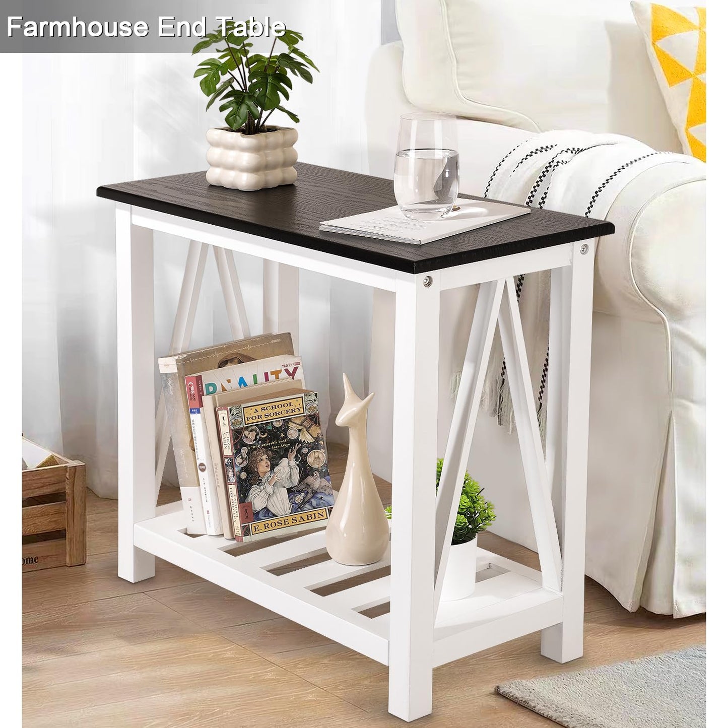 FEUFOAM Farmhouse End Side Table Wood Frame Narrow Side Table with Shelves Black White Rectangular Night Stand Sofa Table for Couch, Small Spaces, Living Room, Bedroom