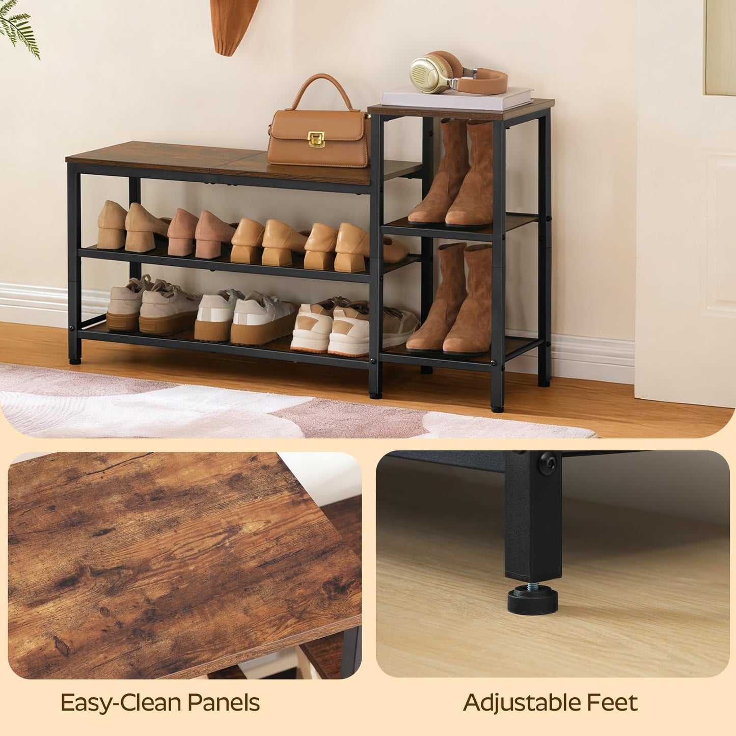 YATINEY 3-Tier Shoe Rack Bench, Wooden Shoe Storage Bench, Industrial Entryway Bench with Storage, Multi-Functional Shoe Rack with Seat for Bedroom, Hallway, Living Room, Rustic Brown and Black HX05BR
