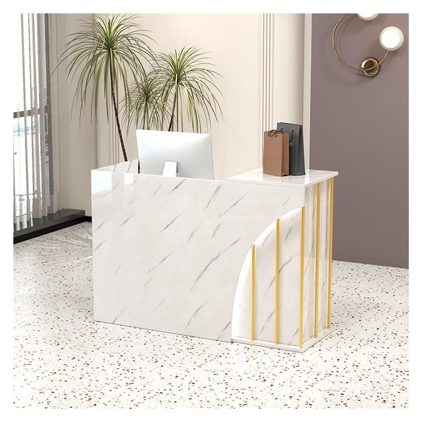 Reception Desk with Counter LED Light,Modern Front Desk with Lockable Drawer Retail Checkout Counter for Office Retail Clothing Salon Shop Hotel Supermarket(Multi-Co