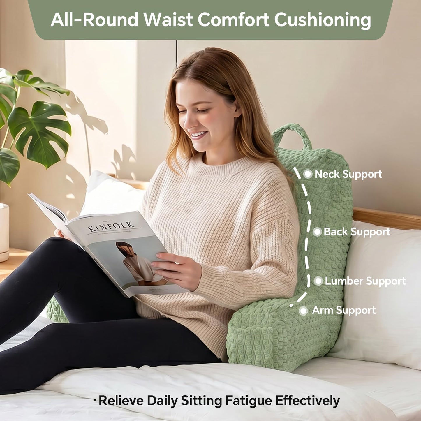 19" Back Support Pillow for Dorm Room Essentials,Green Corduroy,Large