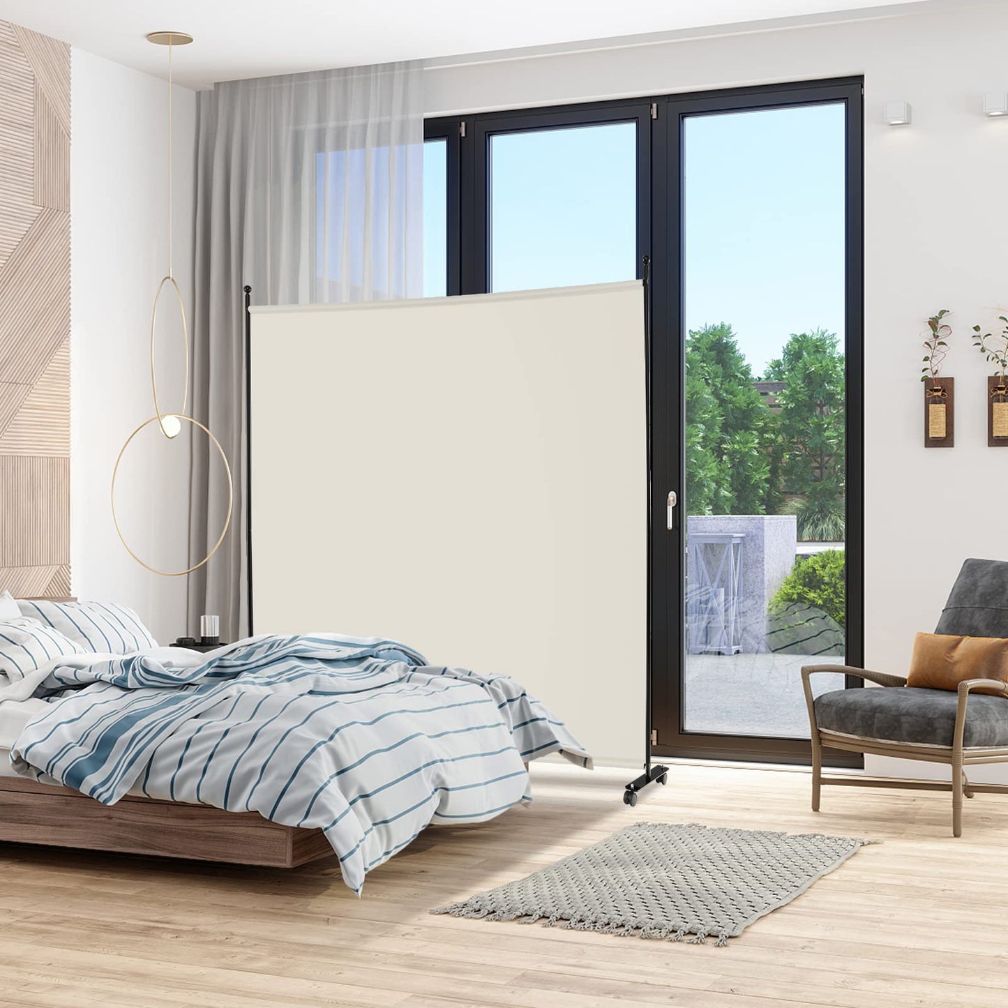 GOFLAME 6FT Single Panel Room Divider, Wide Rolling Privacy Screen with Lockable Wheels, Portable Room Partition Screen, Freestanding Wall Divider and Separator for Home Office, White