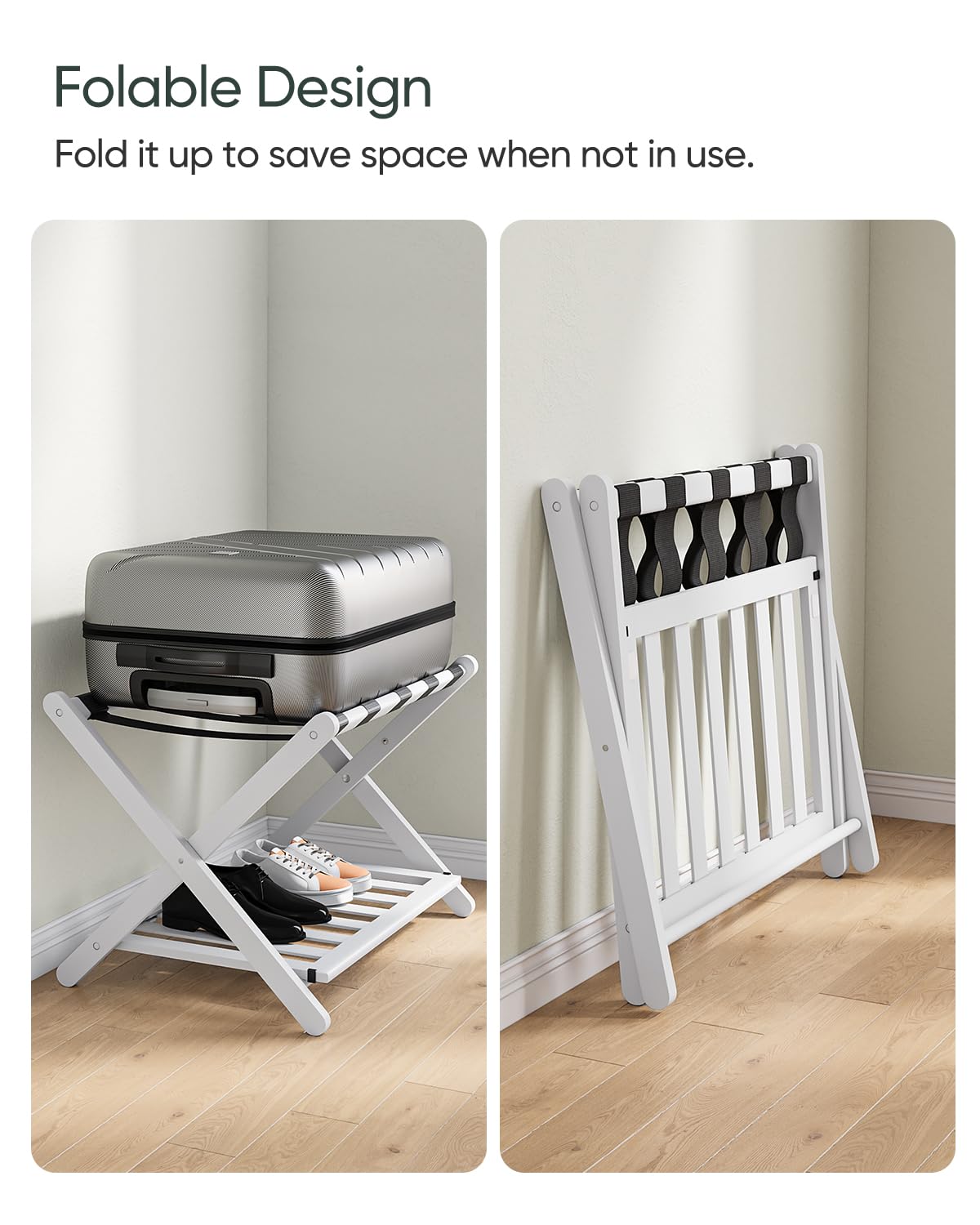 Smart FENDEE Fully Assembled White Bamboo Luggage Rack, 5 Straps Folding Suitcase Stand with Shoe Shelf, Heavy Duty Wood Large Luggage Holders for Guest Room, Bedroom, Hotel