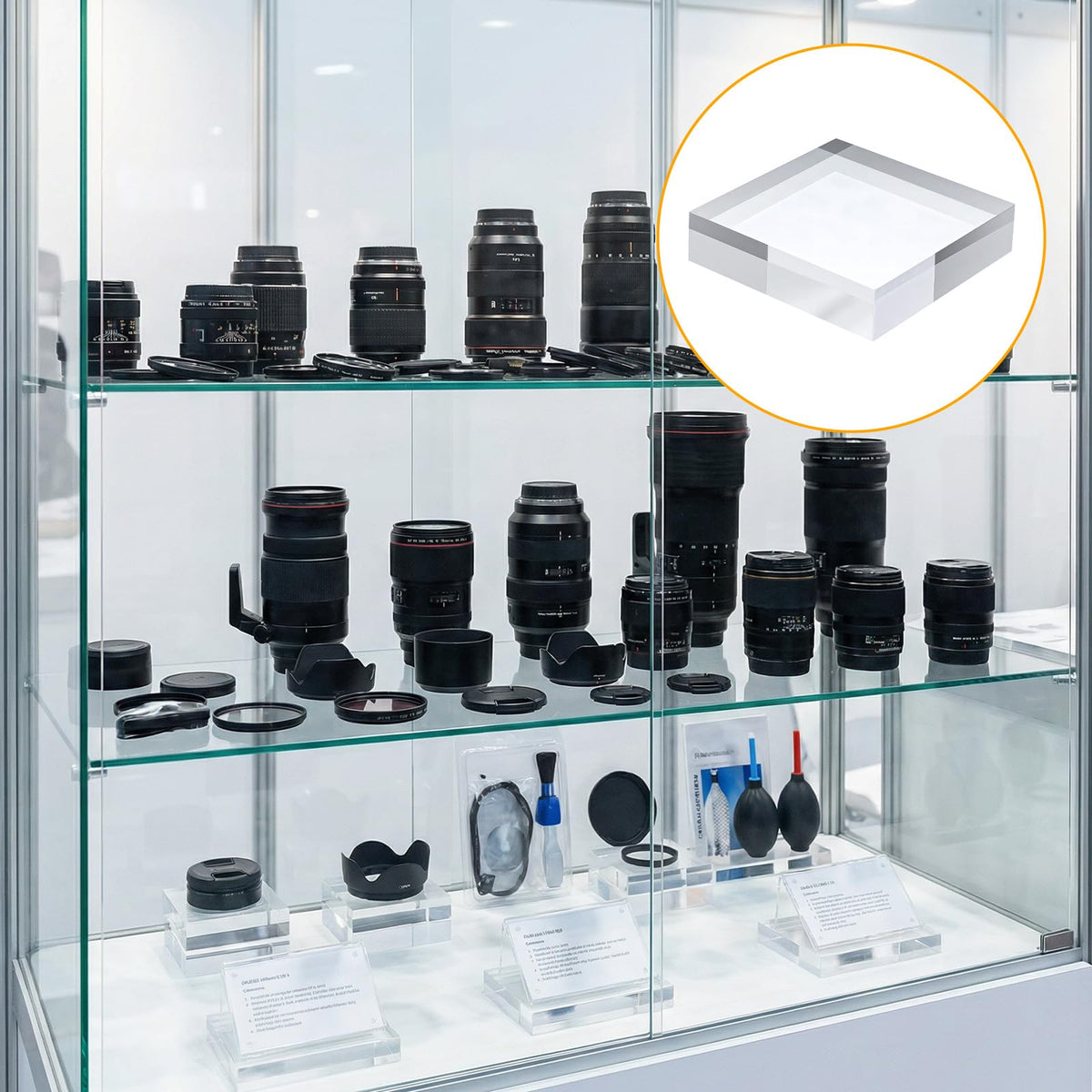 Xaajooio 4 Pcs Acrylic Display Block, 4 x 4 x 1 Inch Clear Polished Square Cube Riser Pedestal Stand for Jewelry Rings Cake Perfume Ornaments Collection