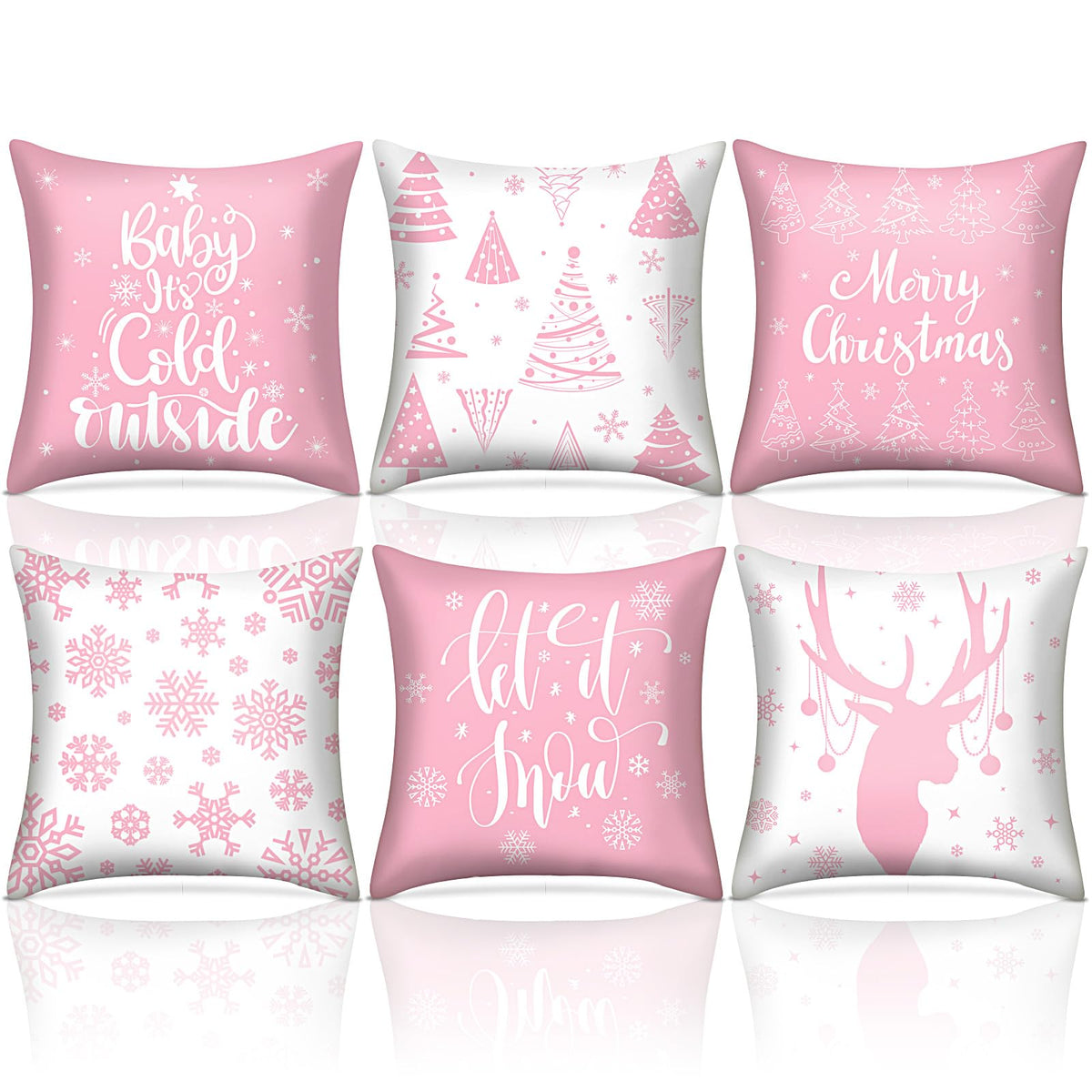 VitalCozy 6 Pcs 18 x 18 inch Christmas Throw Pillow Covers Xmas Cushion Covers Pillow Cases Snowflake Winter Throw Pillow Covers Christmas Decor for Bedroom Sofa Couch Cushion Square Home (Pink)