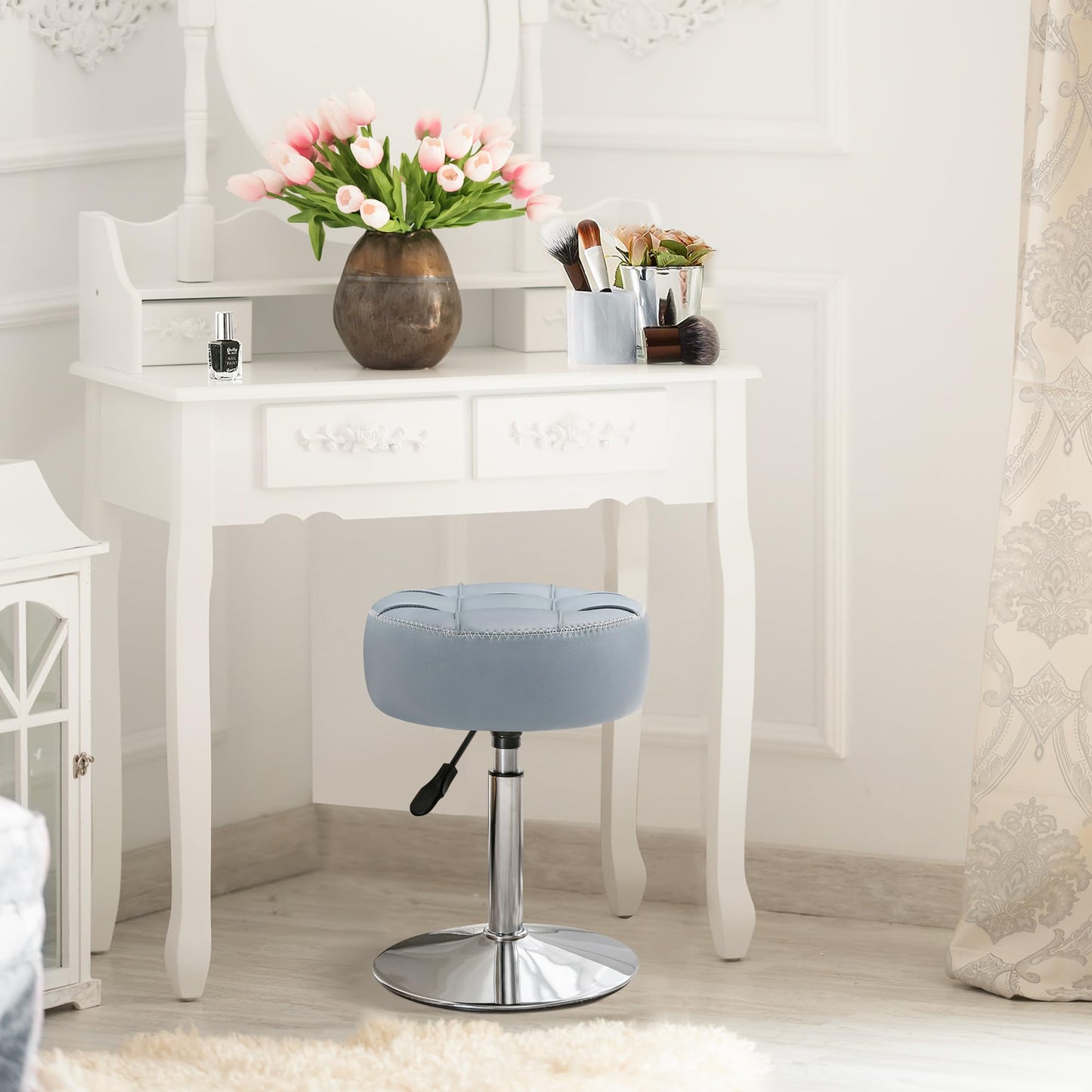LUE BONA Height Adjustable Vanity Stool 15.8"-20.7", 360° Swivel Grayish Blue Faux Leather Chair, 300lb Capacity for Makeup Room, Bathroom