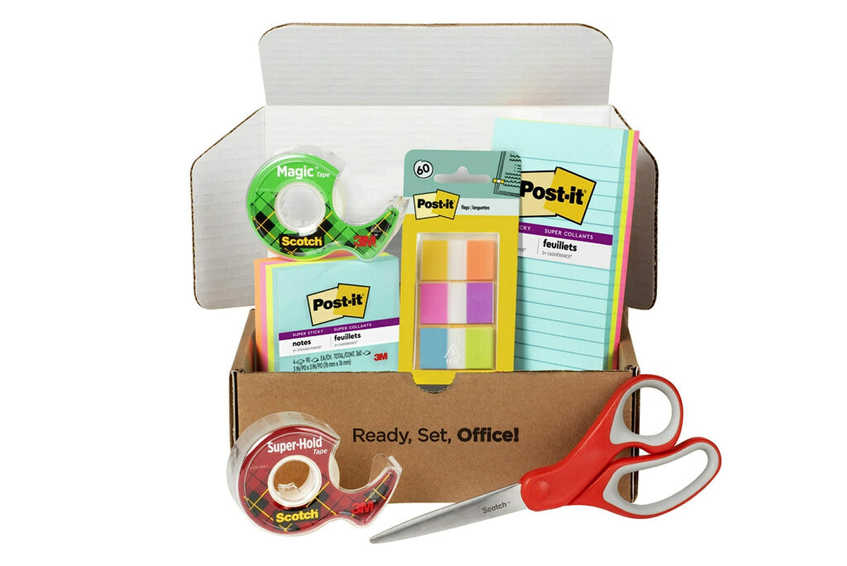 Scotch and Post-it brand office essentials kit, business and teacher supplies set with super sticky notes, super hold tape, magic tape, flags, sharp scissors, multicolor