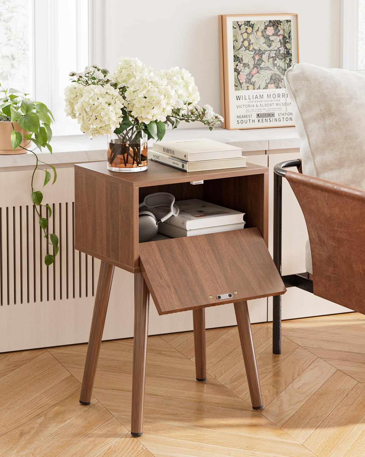 ASACESCU Night Stand, Walnut Nightstand with Fluted Door, Small Modern Mid-Century Bedside Table for Bedroom, End Table for Living Room