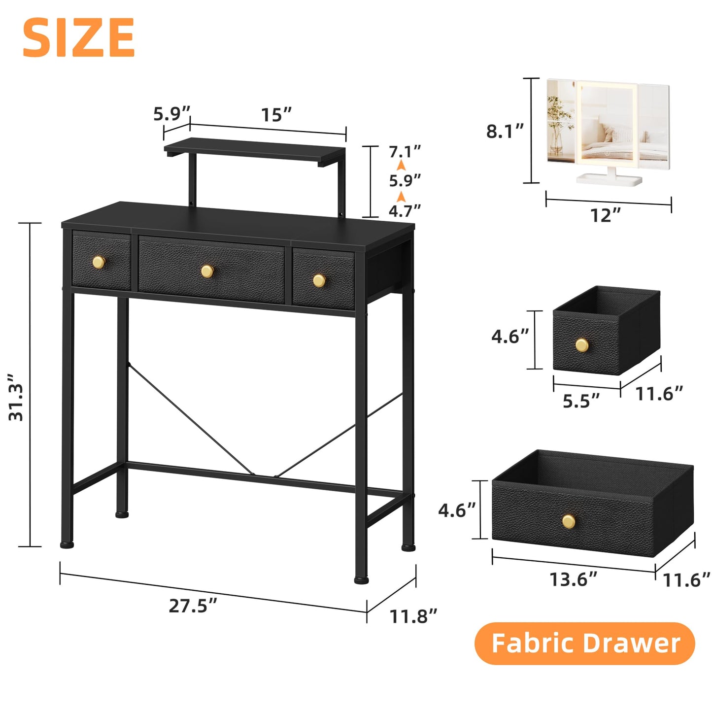 HIGDBFE Small Makeup Vanity Desk 27.5''W with Mirror and Lights, Vanity Desk with 3 Fabric Drawers and Height-Adjustable Stand, Vanity Table for Girls Gifts, Bedroom and Small Spaces, Black