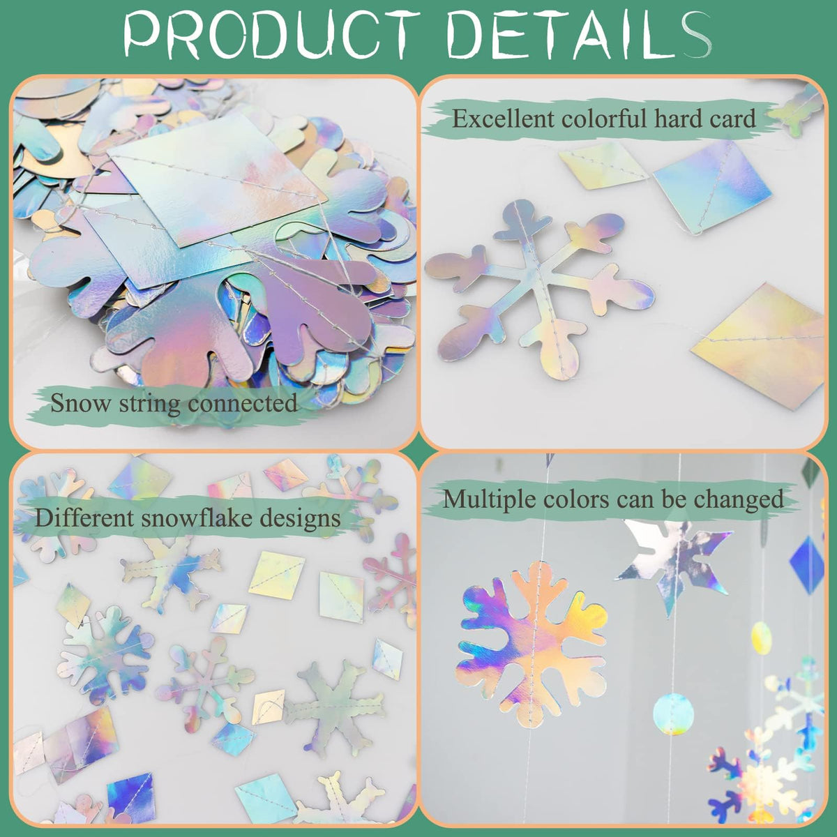 65Ft Winter Wonderland Snowflakes Decorations Iridescent Snowflake Garland- Shimmer Holographic Paper Snowflakes Streamers for Iridescent Party Decor Christmas Frozen Themed Birthday Baby Shower Decor