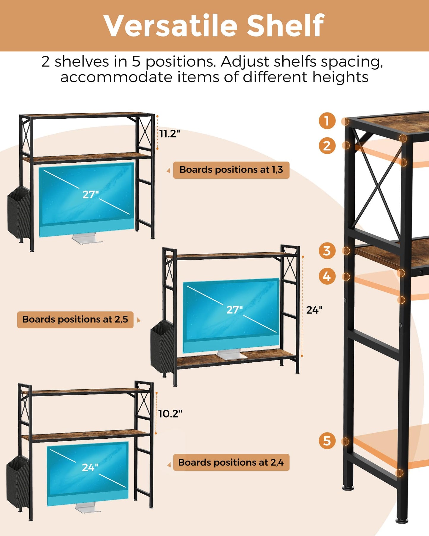 LAND·VOI Desk Shelf, 2 Tires Desktop Bookshelf, 31.9 Inchs Desk Hutch for Computer Monitor, Wood Desktop Display Rack, Adjustable Height Desk Organizer Shelf, for Home, Office, Dorm, Black EDS11BR01