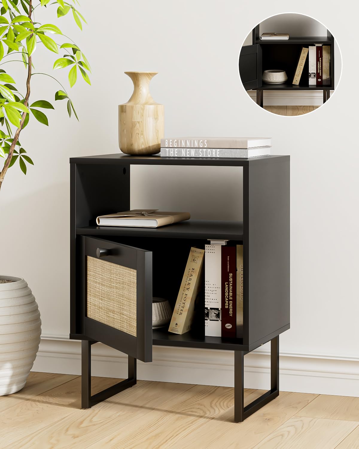 Apetaccat Rattan Nightstand, Boho Night Stand Farmhouse Wood Bedside Table with Storage and Open Shelf, End Side Accent Table for Bedroom,Living Room,Black