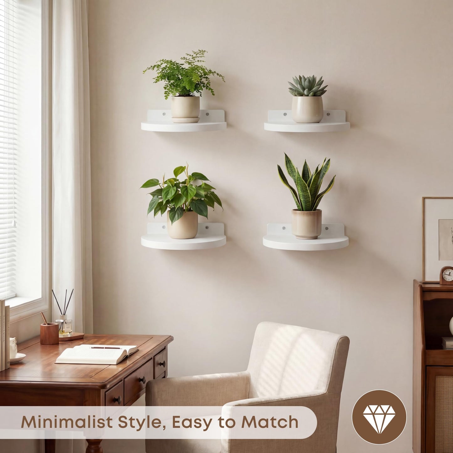Round Small Floating Shelves,Mini Wall Shelf for Speaker Plants Storage Display Set of 2,Solid Wood Ledges Elegant for Living Rooms Bedroom Bathroom Offices Home Decor,8-inch Diameter,White