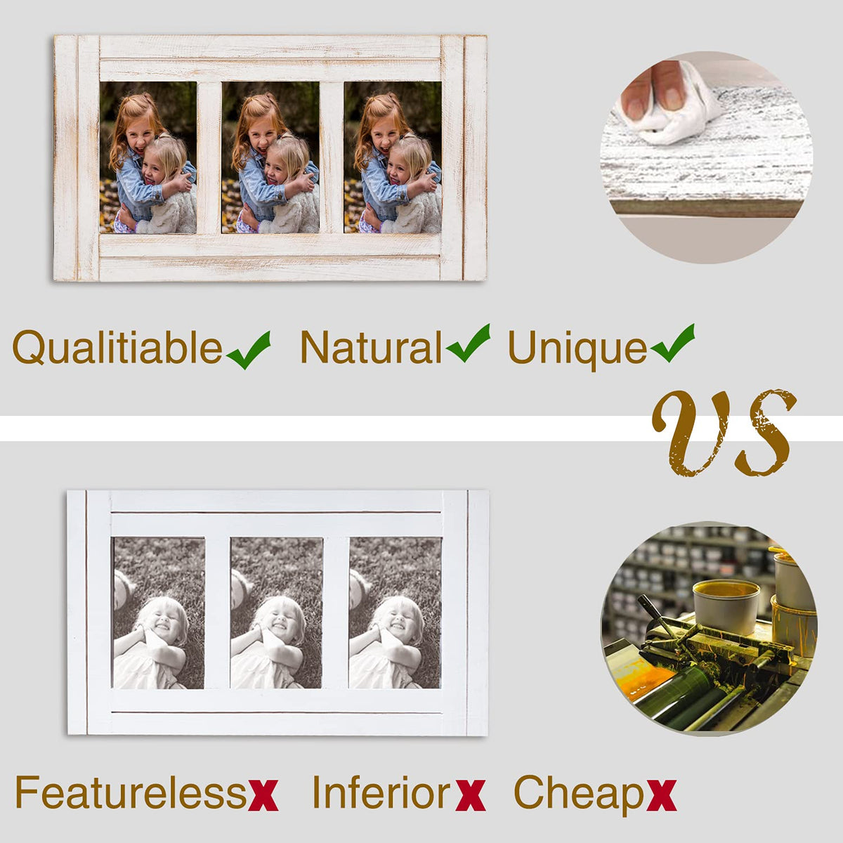 RiteSune 3 Picture Frames 4x6 for Wall, Photo Collage Frame Present for Christmas Birthday, Rustic Photo Frames for Home Wall Decor（White